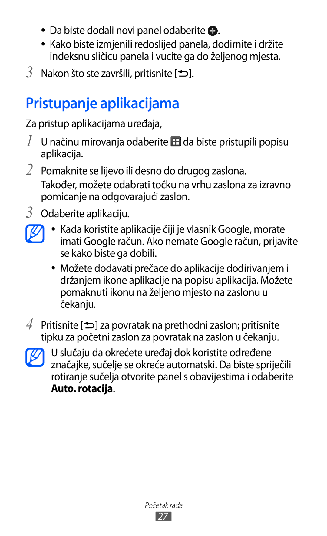 Samsung GT-S5360UWATWO Pristupanje aplikacijama, Da biste dodali novi panel odaberite, Nakon što ste završili, pritisnite 