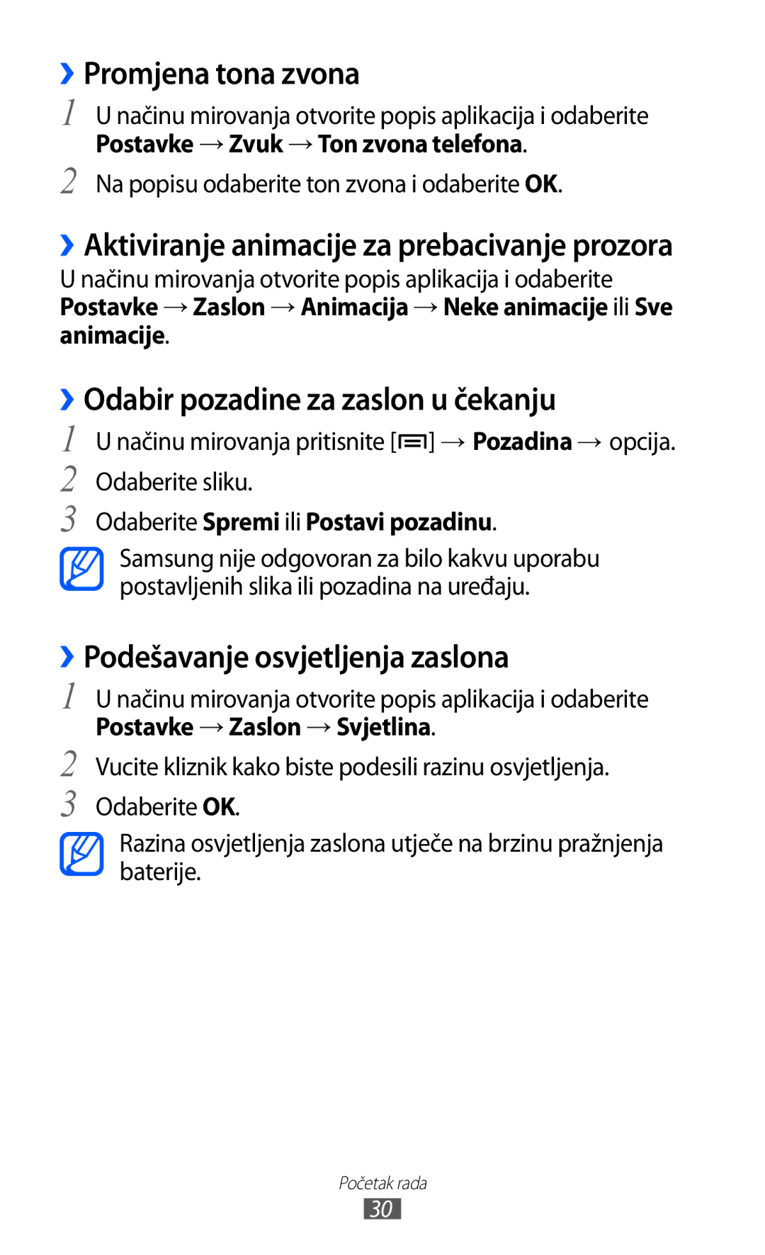 Samsung GT-S5360UWAERO ››Promjena tona zvona, ››Odabir pozadine za zaslon u čekanju, ››Podešavanje osvjetljenja zaslona 