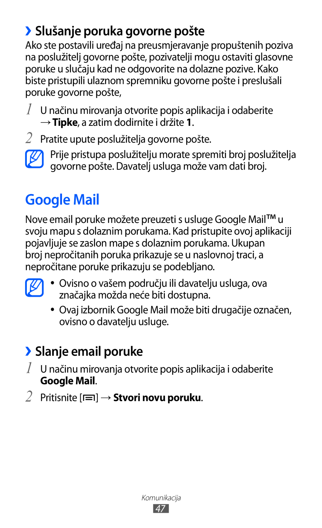 Samsung GT-S5360TKATWO, GT-S5360UWAERO, GT-S5360UWASMO Google Mail, ››Slušanje poruka govorne pošte, ››Slanje email poruke 