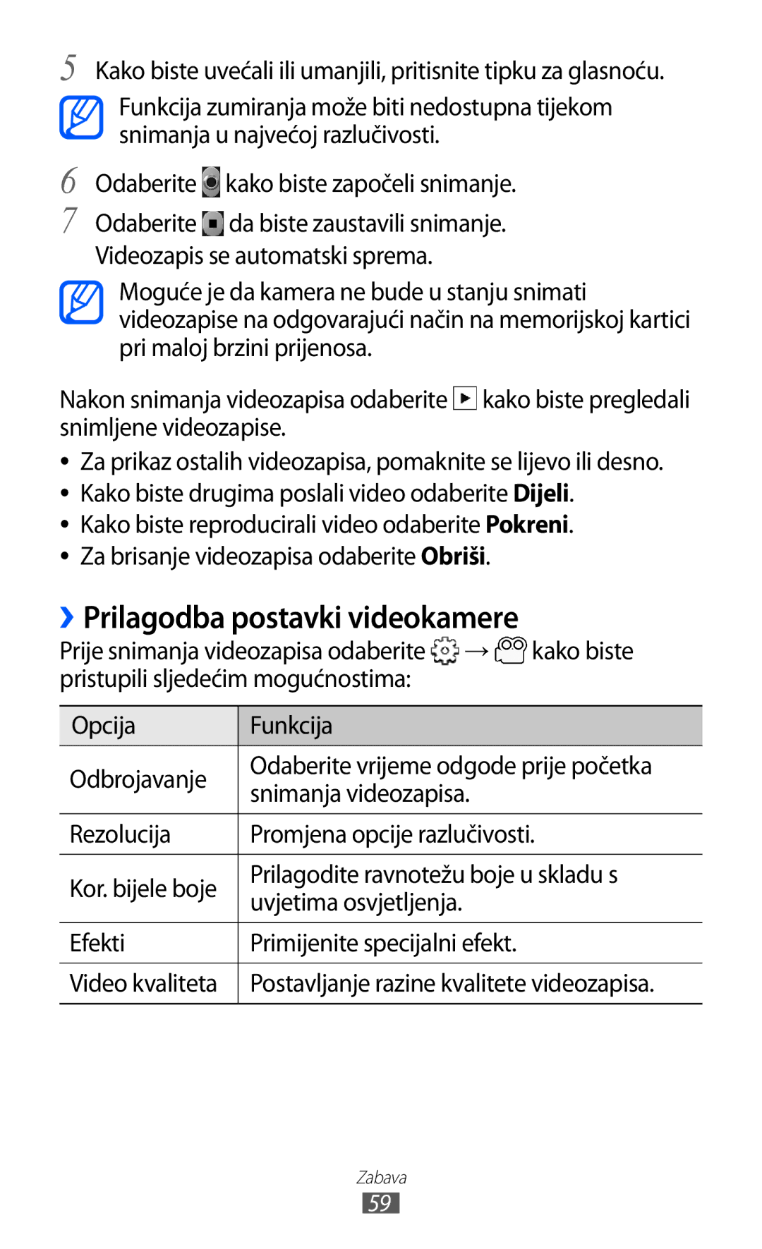 Samsung GT-S5360MAAVIP manual Odaberite kako biste započeli snimanje, Prilagodba postavki videokamere, Video kvaliteta 