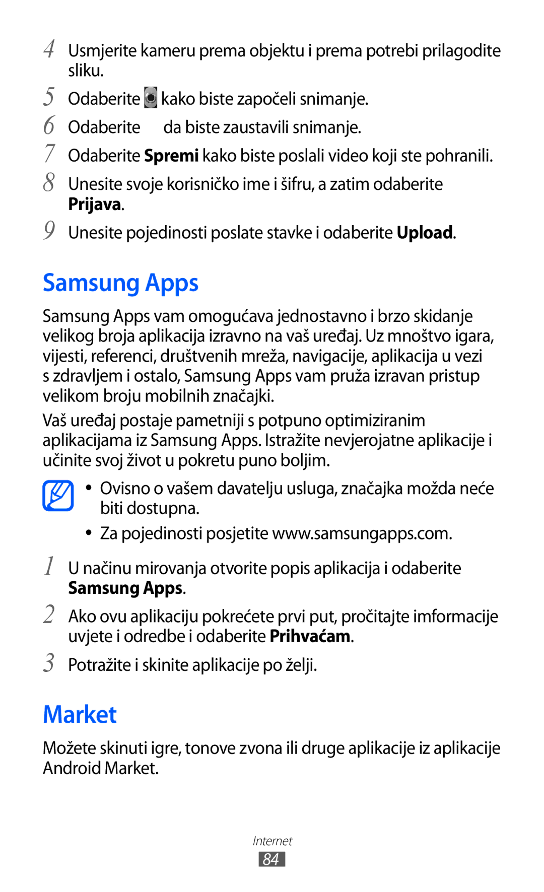 Samsung GT-S5360UWAVIP manual Samsung Apps, Market, Prijava, Unesite pojedinosti poslate stavke i odaberite Upload 