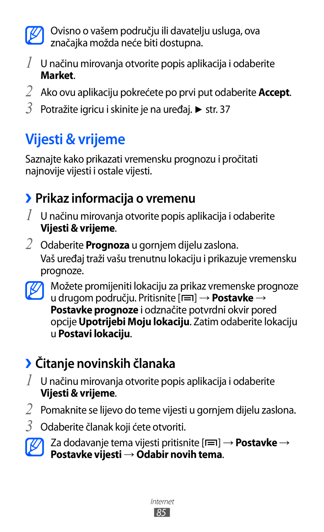 Samsung GT2S5360UWAVIP, GT-S5360UWAERO manual Vijesti & vrijeme, ››Prikaz informacija o vremenu, ››Čitanje novinskih članaka 