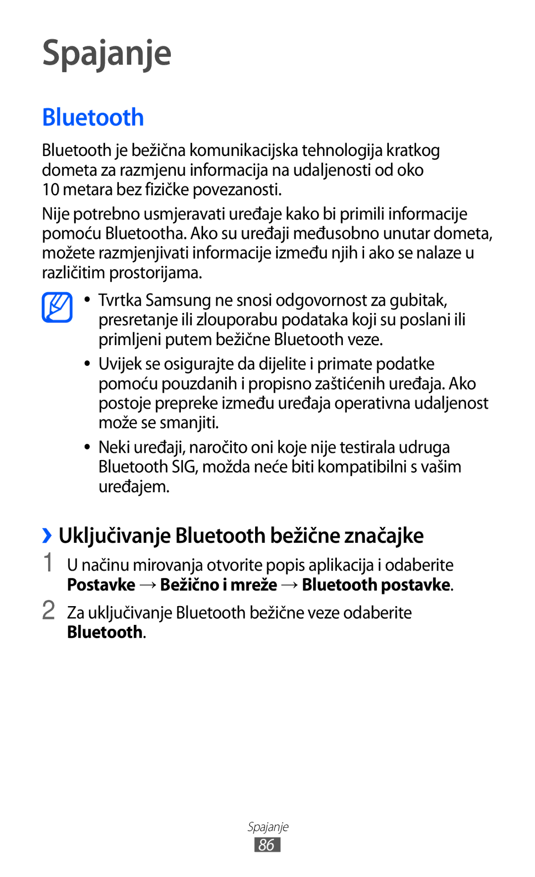 Samsung GT2S5360TKATWO, GT-S5360UWAERO, GT-S5360UWASMO manual Spajanje, ››Uključivanje Bluetooth bežične značajke 