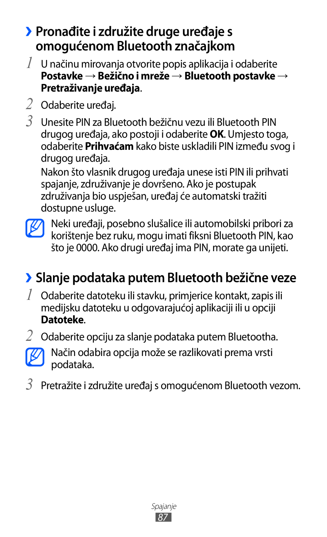 Samsung GT-S5360UWATWO, GT-S5360UWAERO, GT-S5360UWASMO, GT-S5360TKATWO manual ››Slanje podataka putem Bluetooth bežične veze 