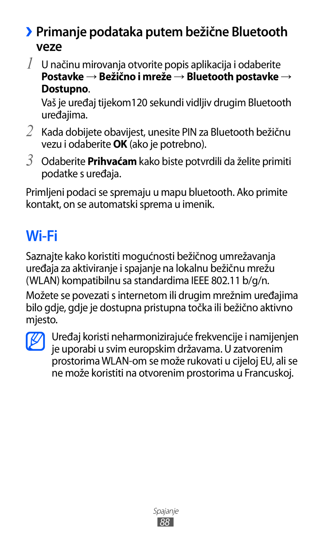 Samsung GT2S5360MAACRO, GT-S5360UWAERO, GT-S5360UWASMO manual Wi-Fi, ››Primanje podataka putem bežične Bluetooth veze 