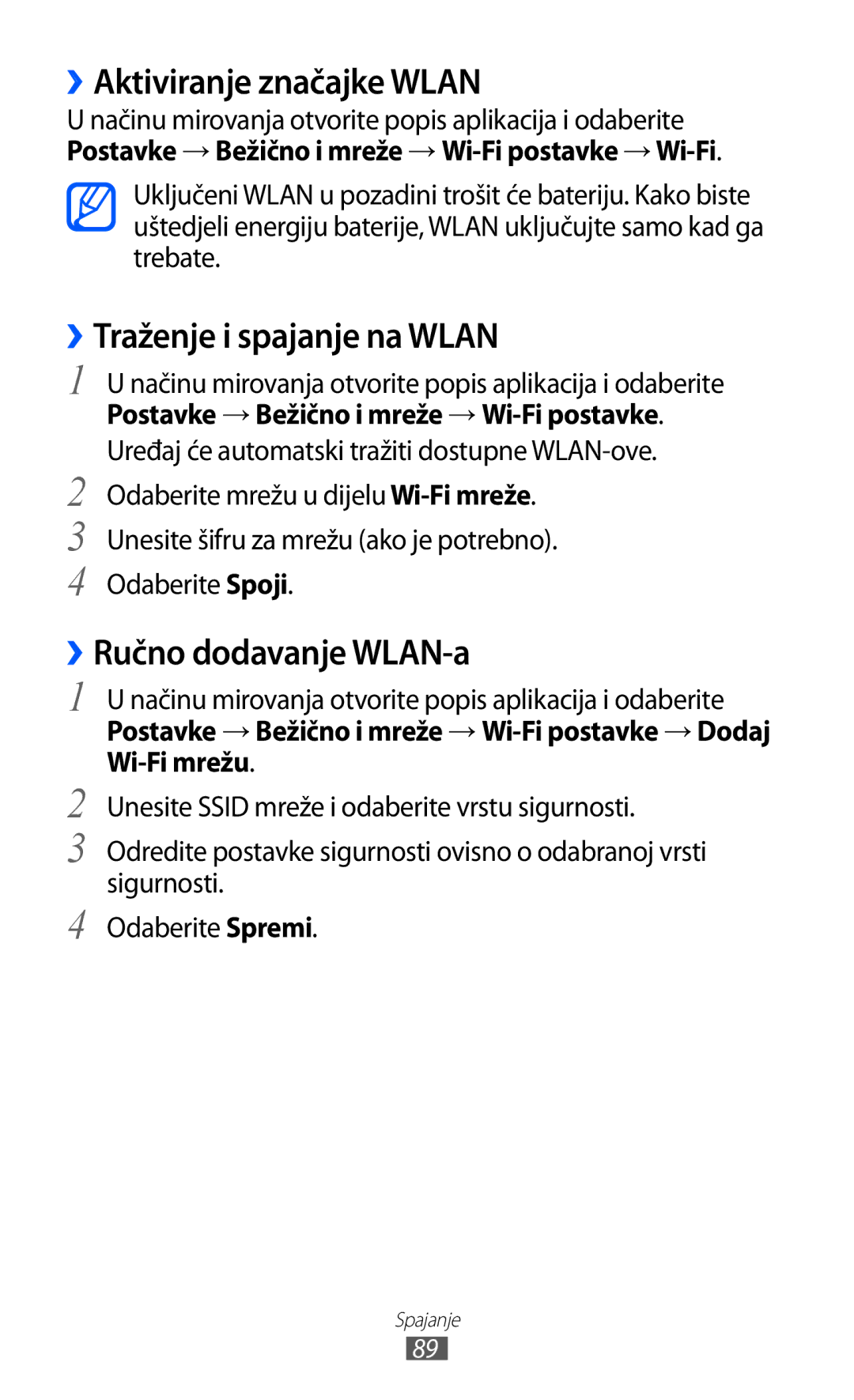 Samsung GT-S5360MAAVIP manual ››Aktiviranje značajke Wlan, ››Traženje i spajanje na Wlan, ››Ručno dodavanje WLAN-a 