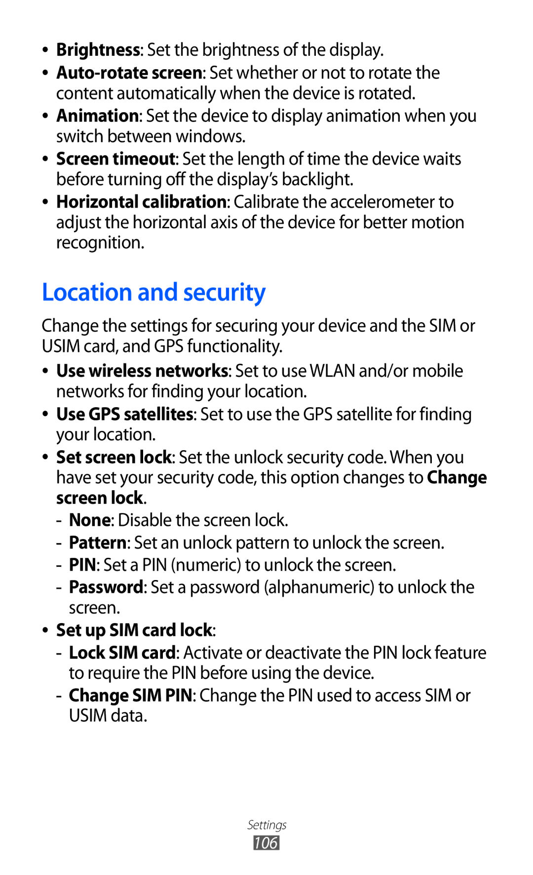 Samsung GT-S5360TKAXSG, GT-S5360UWHDBT, GT-S5360UWAOPT, GT-S5360TAADTR manual Location and security, Set up SIM card lock 