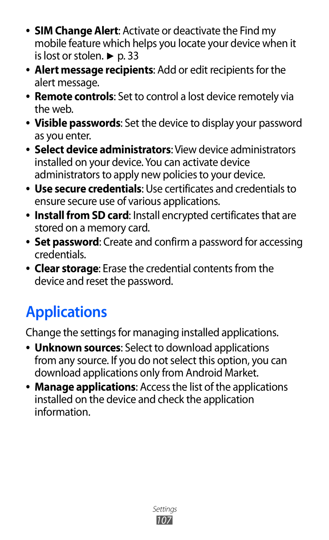 Samsung GT-S5360MAAXSG, GT-S5360UWHDBT, GT-S5360UWAOPT, GT-S5360TAADTR, GT-S5360MAATUR, GT-S5360UWATUR manual Applications 