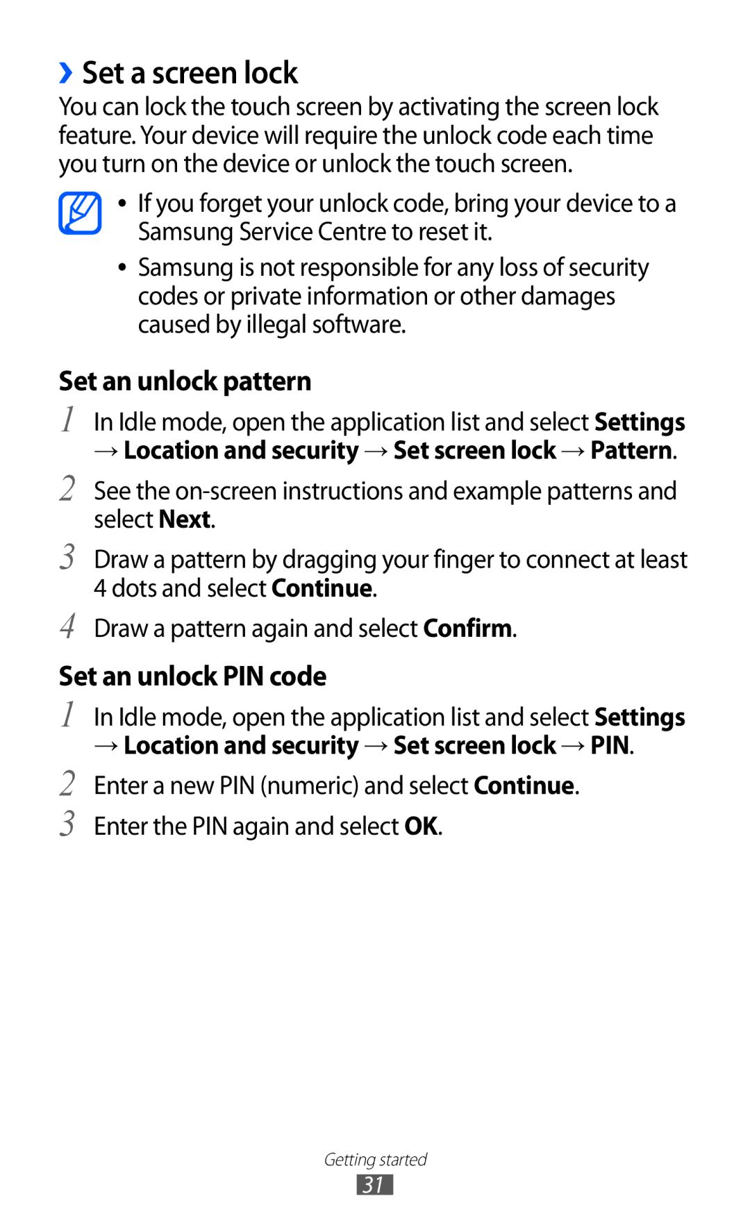 Samsung GT-S5360MAAFRE, GT-S5360UWHDBT manual ››Set a screen lock, → Location and security → Set screen lock → Pattern 