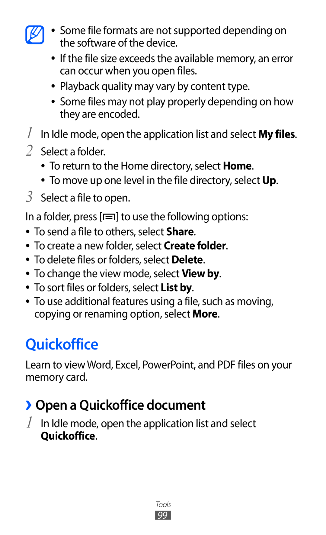 Samsung GT-S5360OIASKZ, GT-S5360UWHDBT, GT-S5360UWAOPT, GT-S5360TAADTR, GT-S5360MAATUR manual ››Open a Quickoffice document 