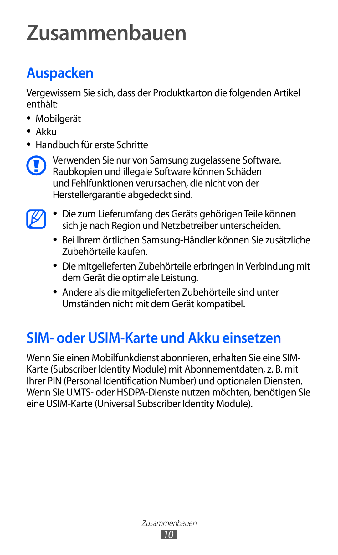 Samsung GT-S5360MAADTM, GT-S5360UWHDBT, GT-S5360UWAOPT Zusammenbauen, Auspacken, SIM- oder USIM-Karte und Akku einsetzen 