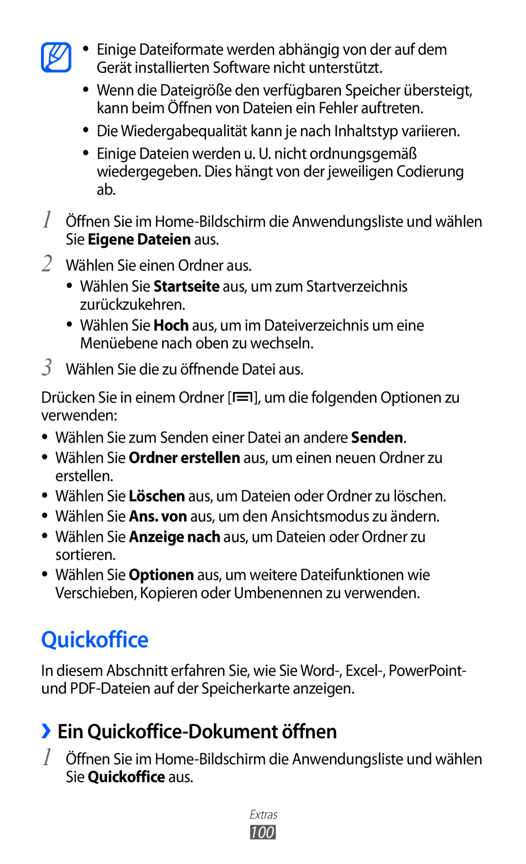 Samsung GT-S5360UWATUR, GT-S5360UWHDBT, GT-S5360UWAOPT manual ››Ein Quickoffice-Dokument öffnen, 100, Sie Quickoffice aus 