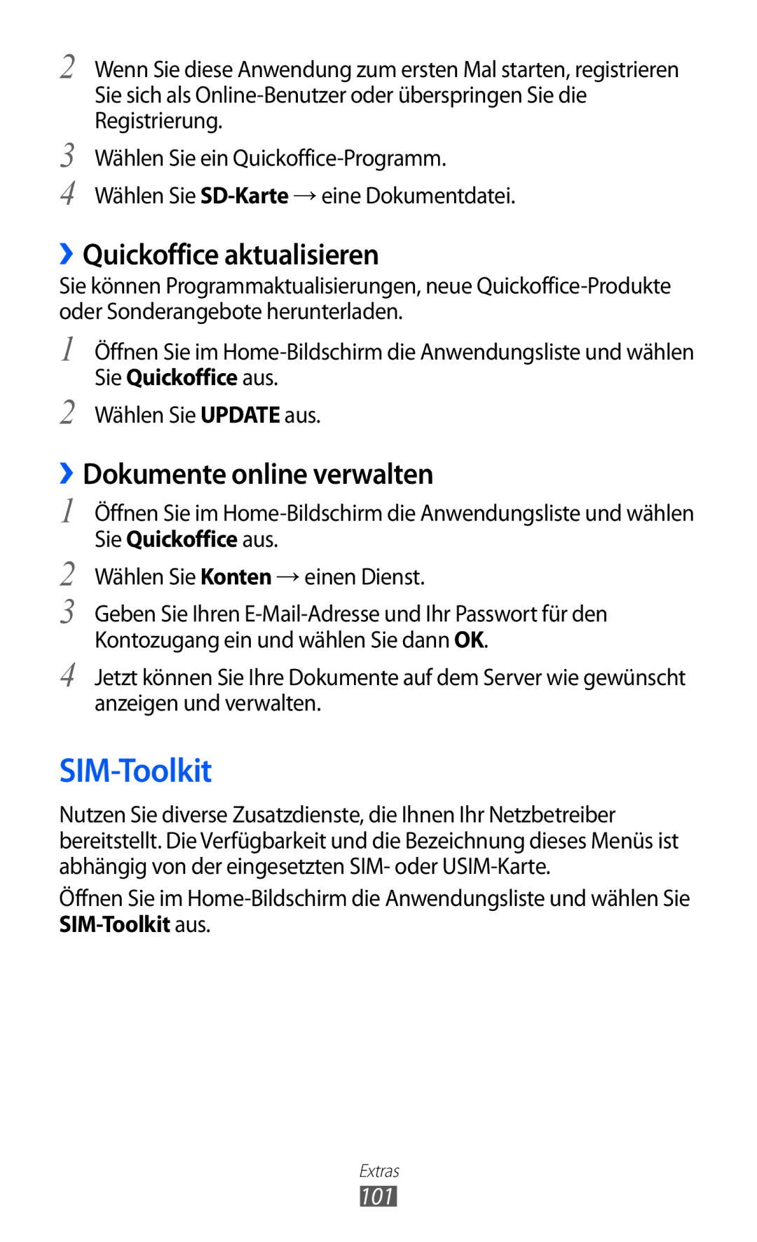 Samsung GT-S5360UWACOS, GT-S5360UWHDBT manual SIM-Toolkit, ››Quickoffice aktualisieren, ››Dokumente online verwalten, 101 