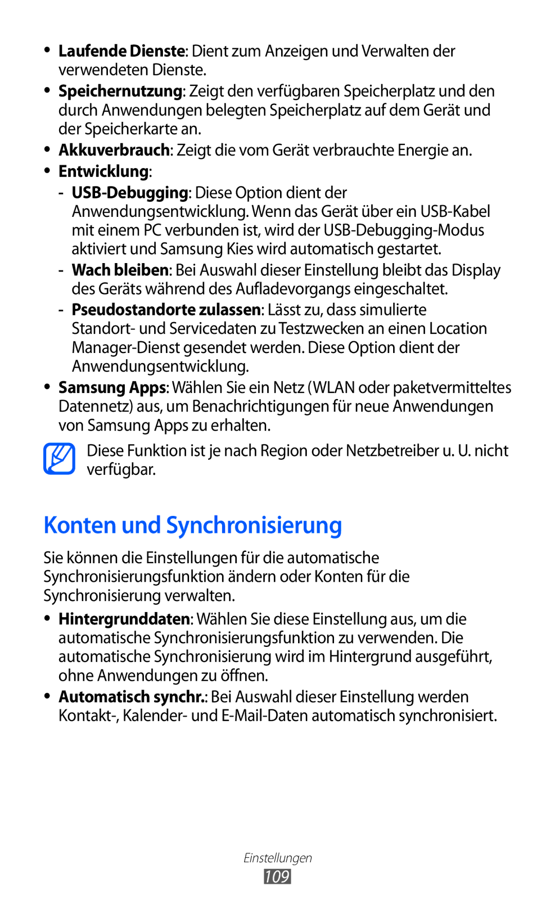 Samsung GT-S5360MAACOS, GT-S5360UWHDBT, GT-S5360UWAOPT, GT-S5360TAADTR, GT-S5360MAATUR manual Konten und Synchronisierung, 109 