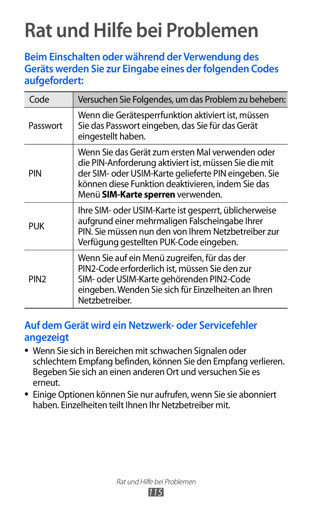 Samsung GT-S5360UWADTM, GT-S5360UWHDBT, GT-S5360UWAOPT Rat und Hilfe bei Problemen, 115, Menü SIM-Karte sperren verwenden 