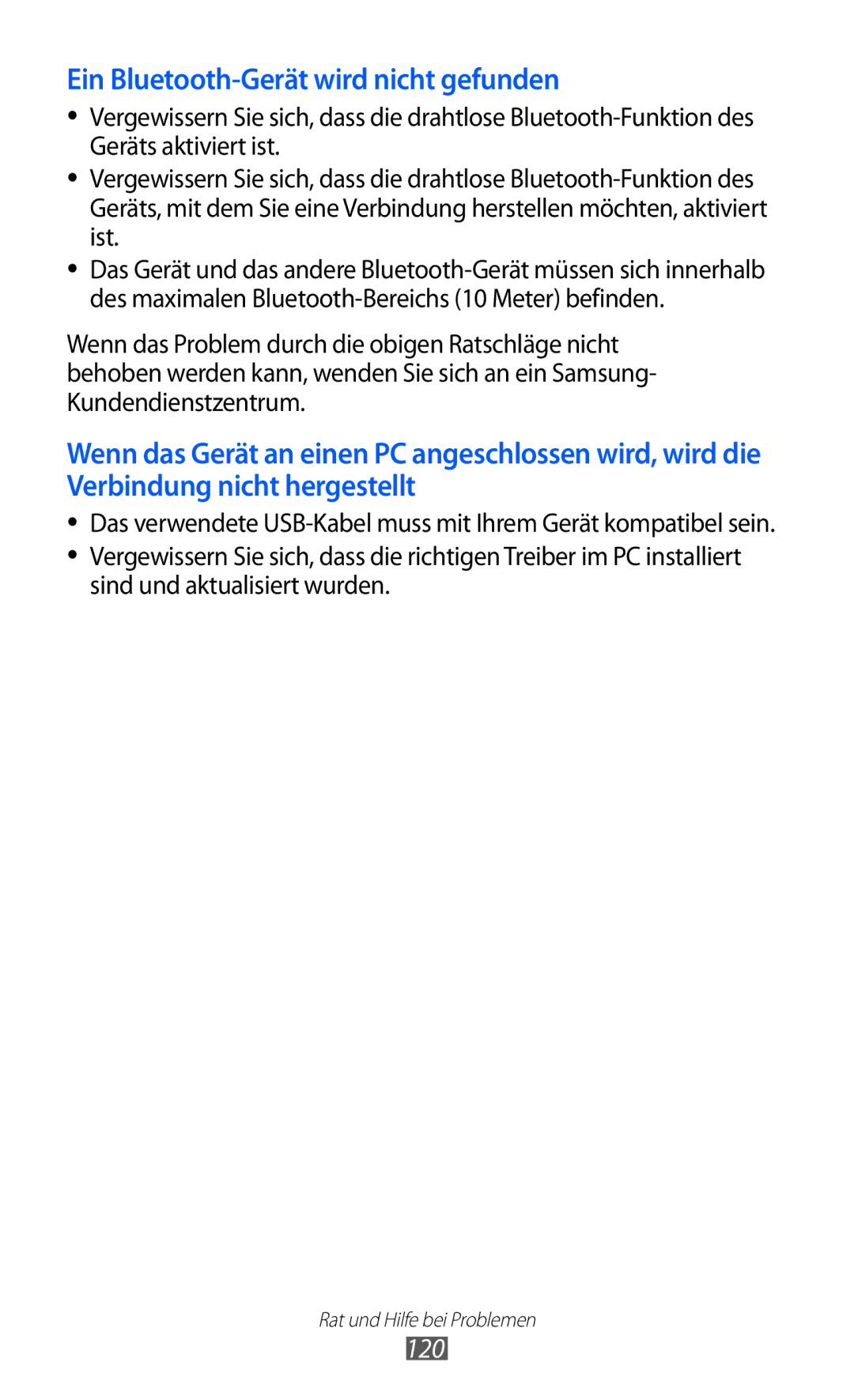 Samsung GT-S5360MAAOPT, GT-S5360UWHDBT, GT-S5360UWAOPT, GT-S5360TAADTR manual Ein Bluetooth-Gerät wird nicht gefunden, 120 