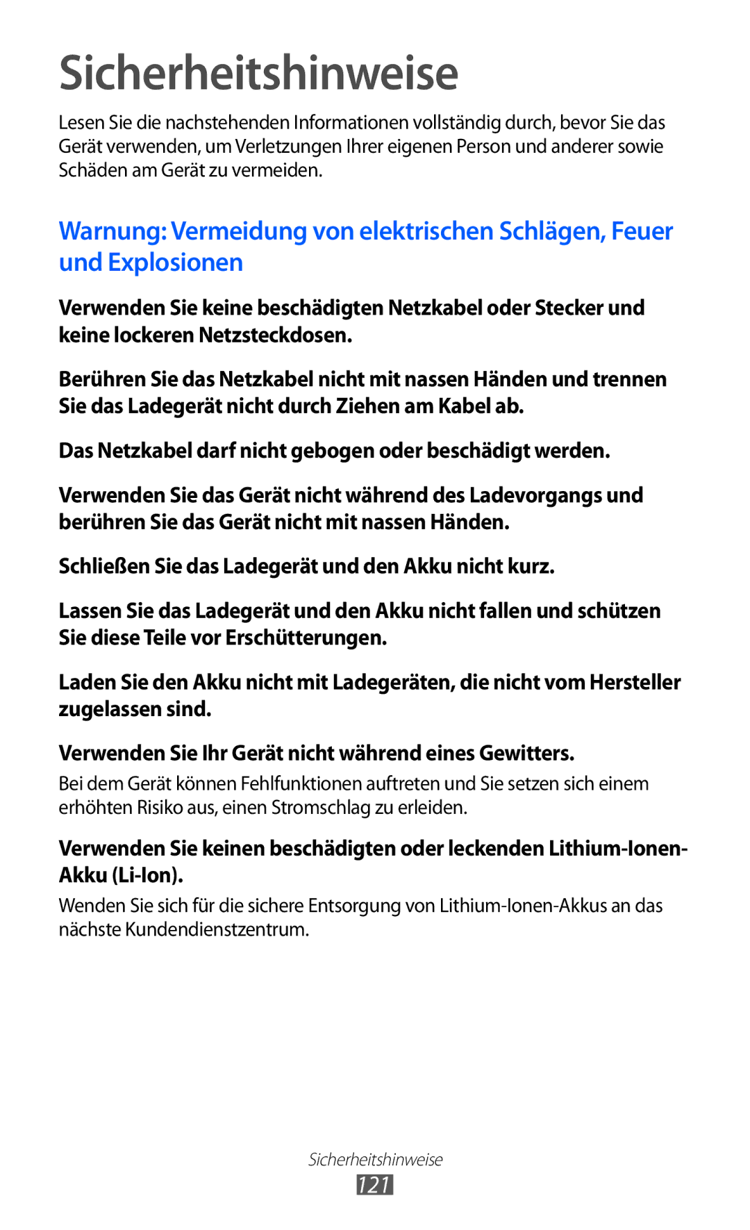 Samsung GT-S5360MAAMBC, GT-S5360UWHDBT Sicherheitshinweise, 121, Das Netzkabel darf nicht gebogen oder beschädigt werden 