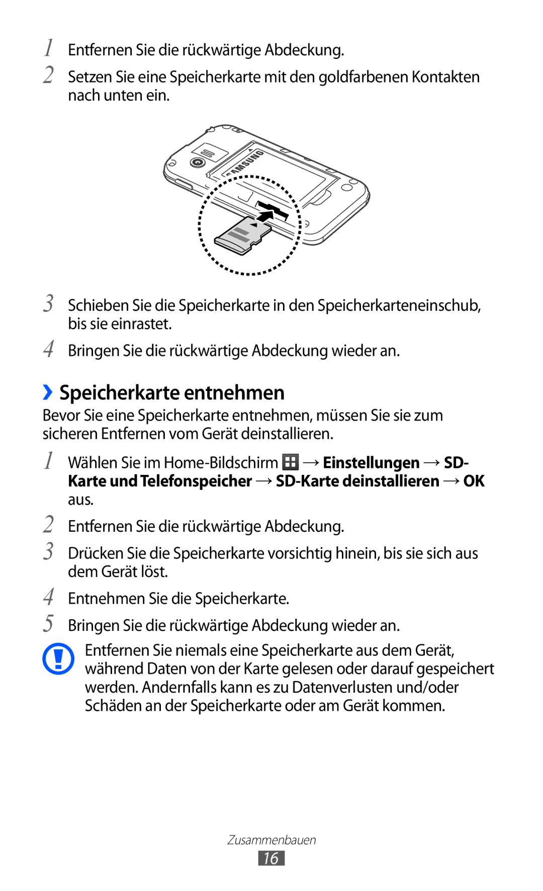 Samsung GT-S5360OIAMBC, GT-S5360UWHDBT, GT-S5360UWAOPT, GT-S5360TAADTR, GT-S5360MAATUR manual ››Speicherkarte entnehmen 