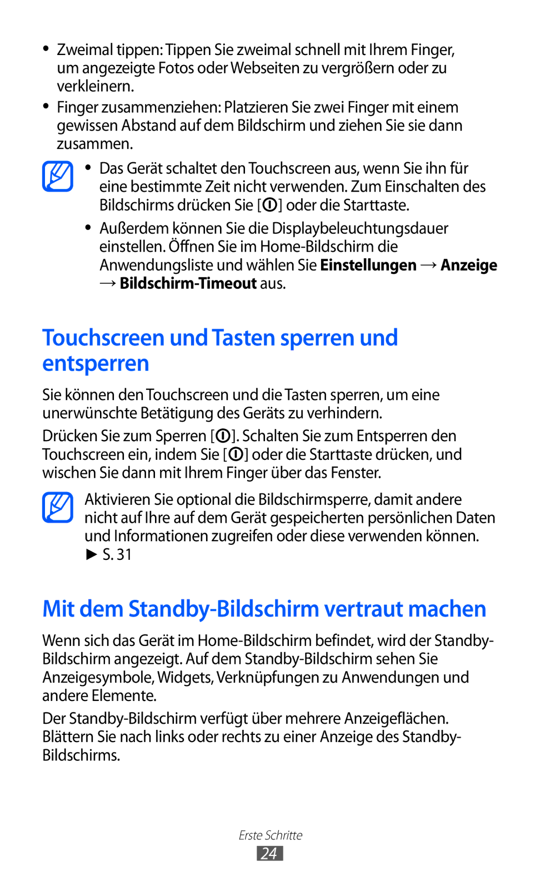 Samsung GT-S5360MAAOPT, GT-S5360UWHDBT manual Touchscreen und Tasten sperren und entsperren, → Bildschirm-Timeout aus 
