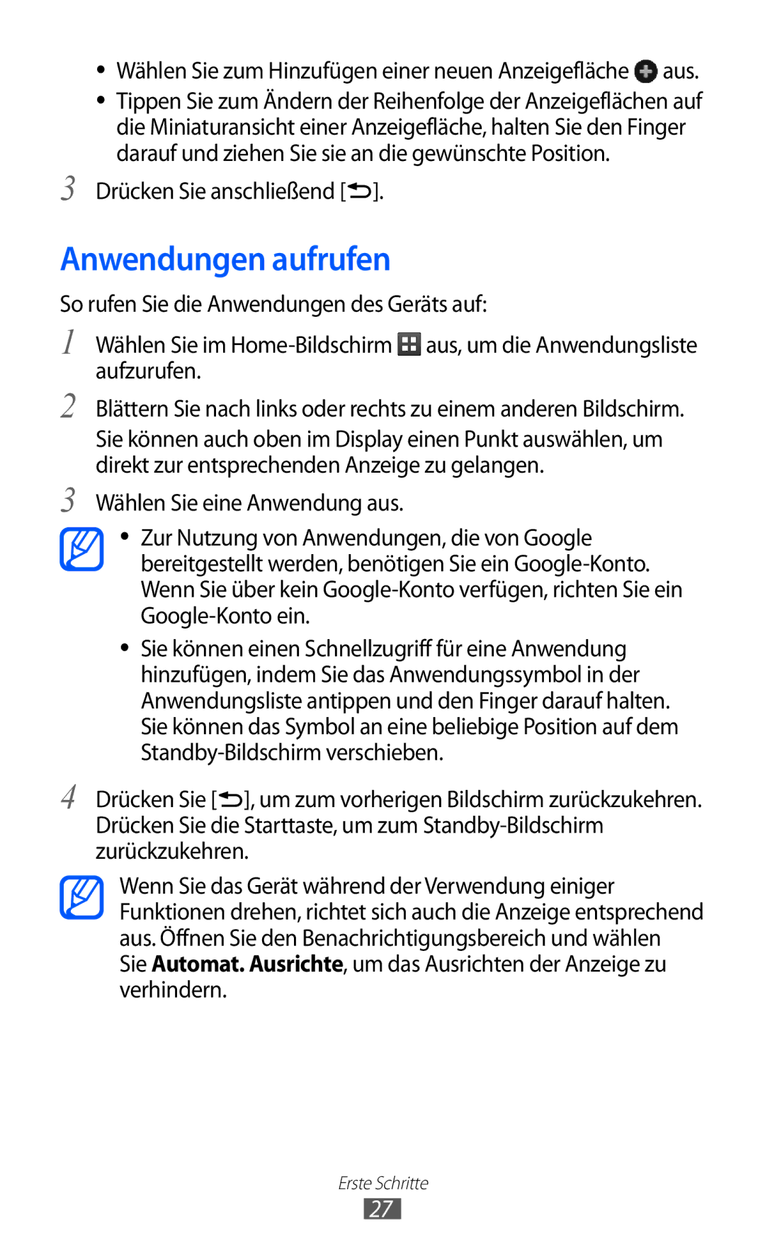 Samsung GT-S5360MASDBT, GT-S5360UWHDBT manual Anwendungen aufrufen, Wählen Sie zum Hinzufügen einer neuen Anzeigefläche aus 