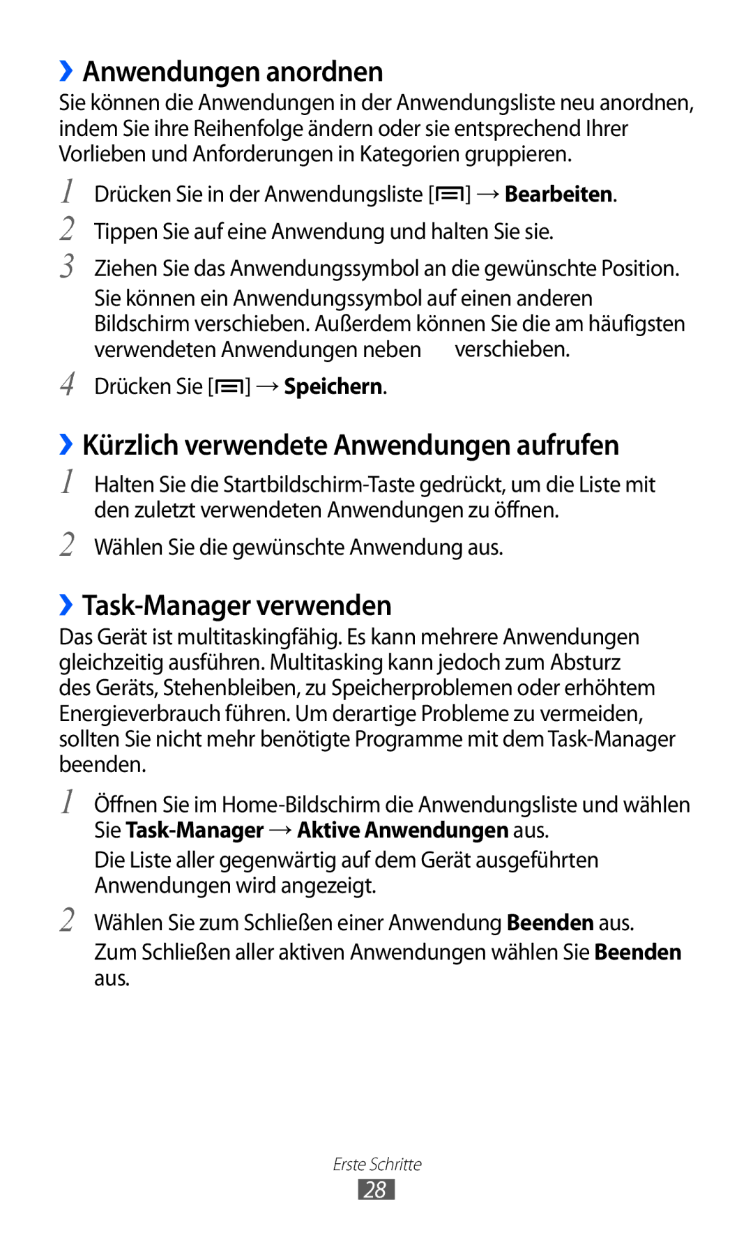 Samsung GT-S5360UWADTR manual ››Anwendungen anordnen, ››Kürzlich verwendete Anwendungen aufrufen, ››Task-Manager verwenden 