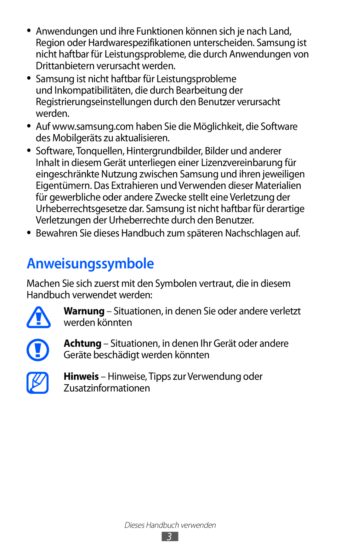 Samsung GT-S5360MAATUR, GT-S5360UWHDBT, GT-S5360UWAOPT, GT-S5360TAADTR, GT-S5360UWATUR, GT-S5360UWACOS manual Anweisungssymbole 