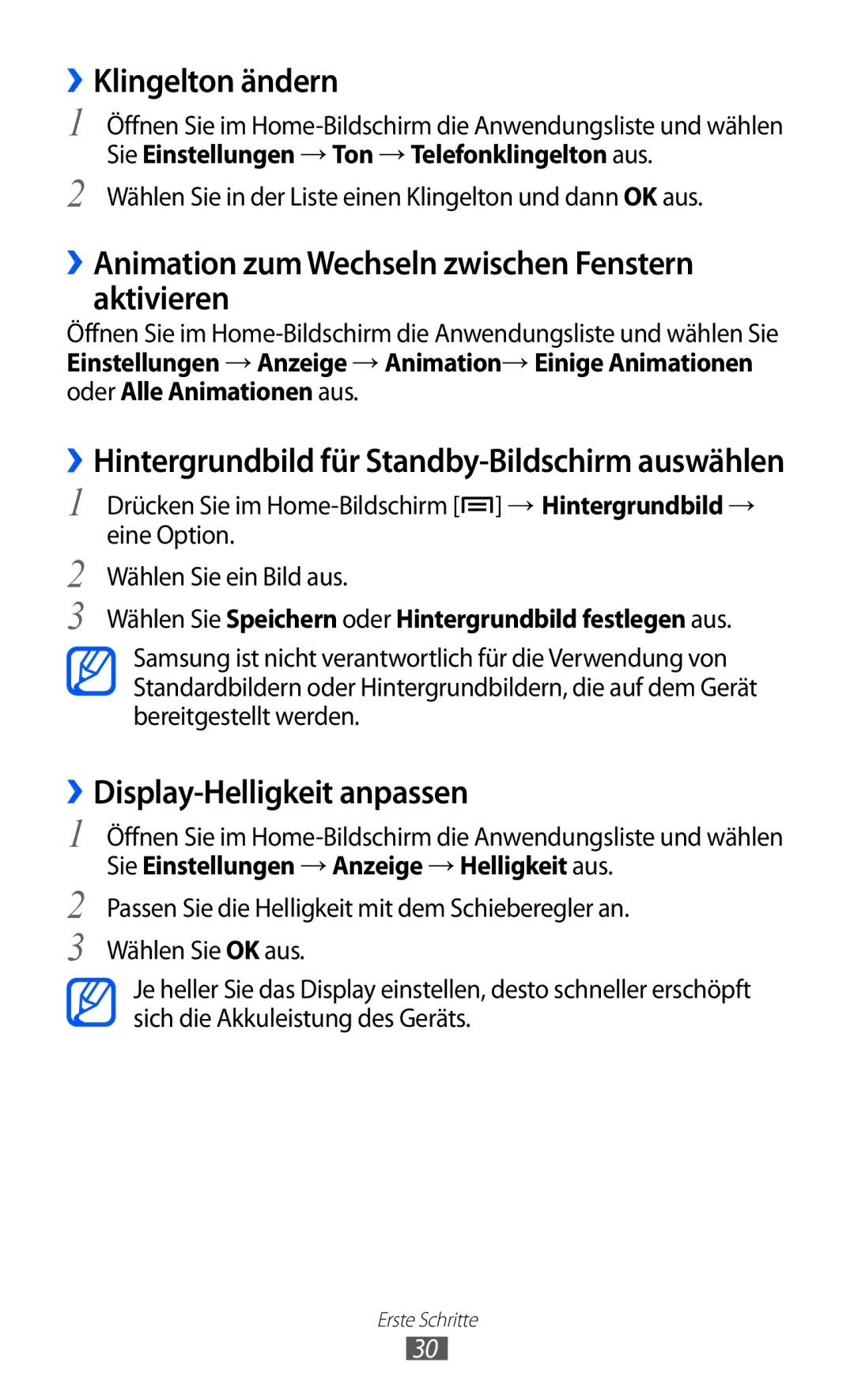 Samsung GT-S5360OIADBT, GT-S5360UWHDBT manual ››Klingelton ändern, ››Animation zum Wechseln zwischen Fenstern aktivieren 