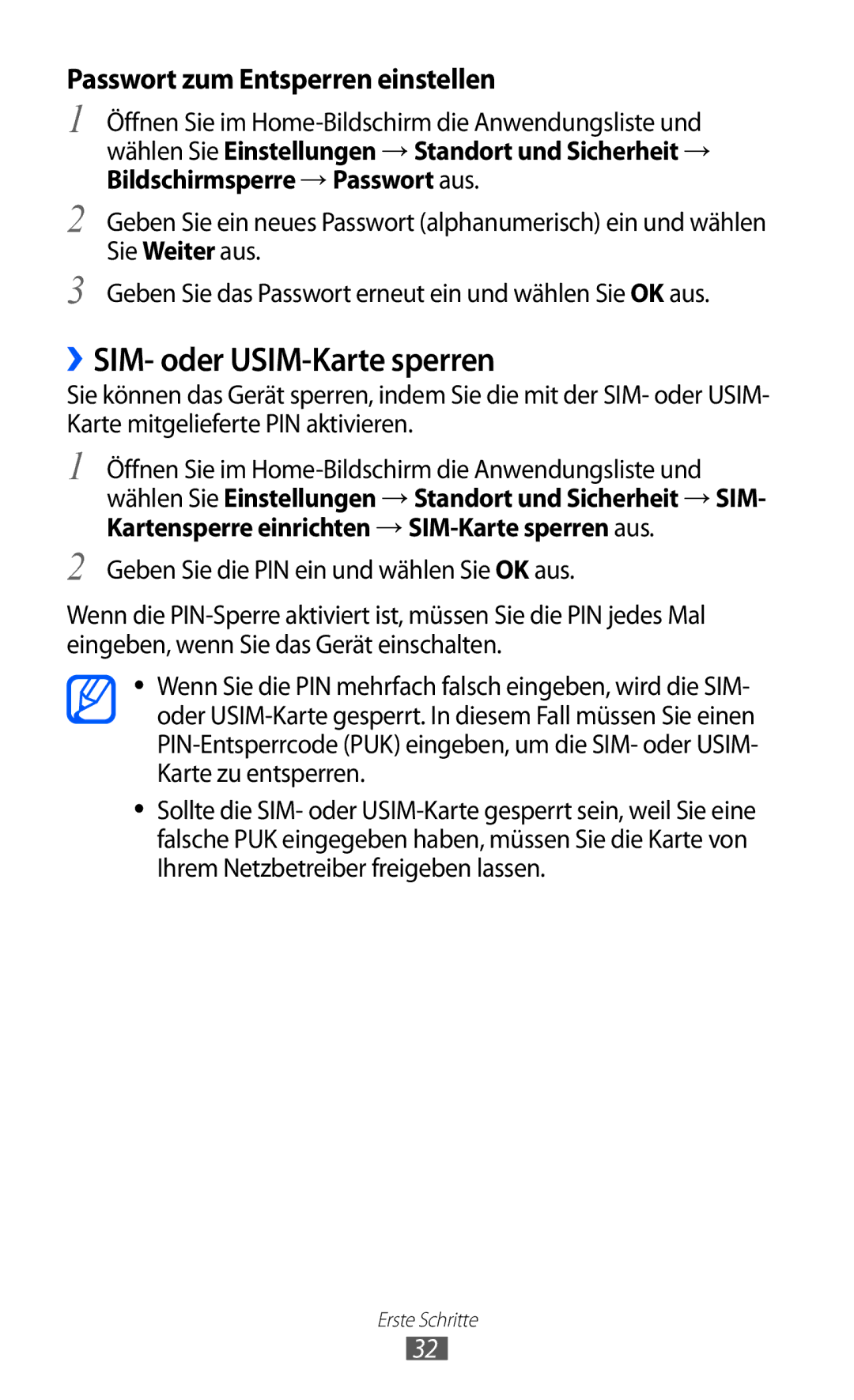 Samsung GT-S5360UWHDBT, GT-S5360UWAOPT, GT-S5360TAADTR ››SIM- oder USIM-Karte sperren, Passwort zum Entsperren einstellen 