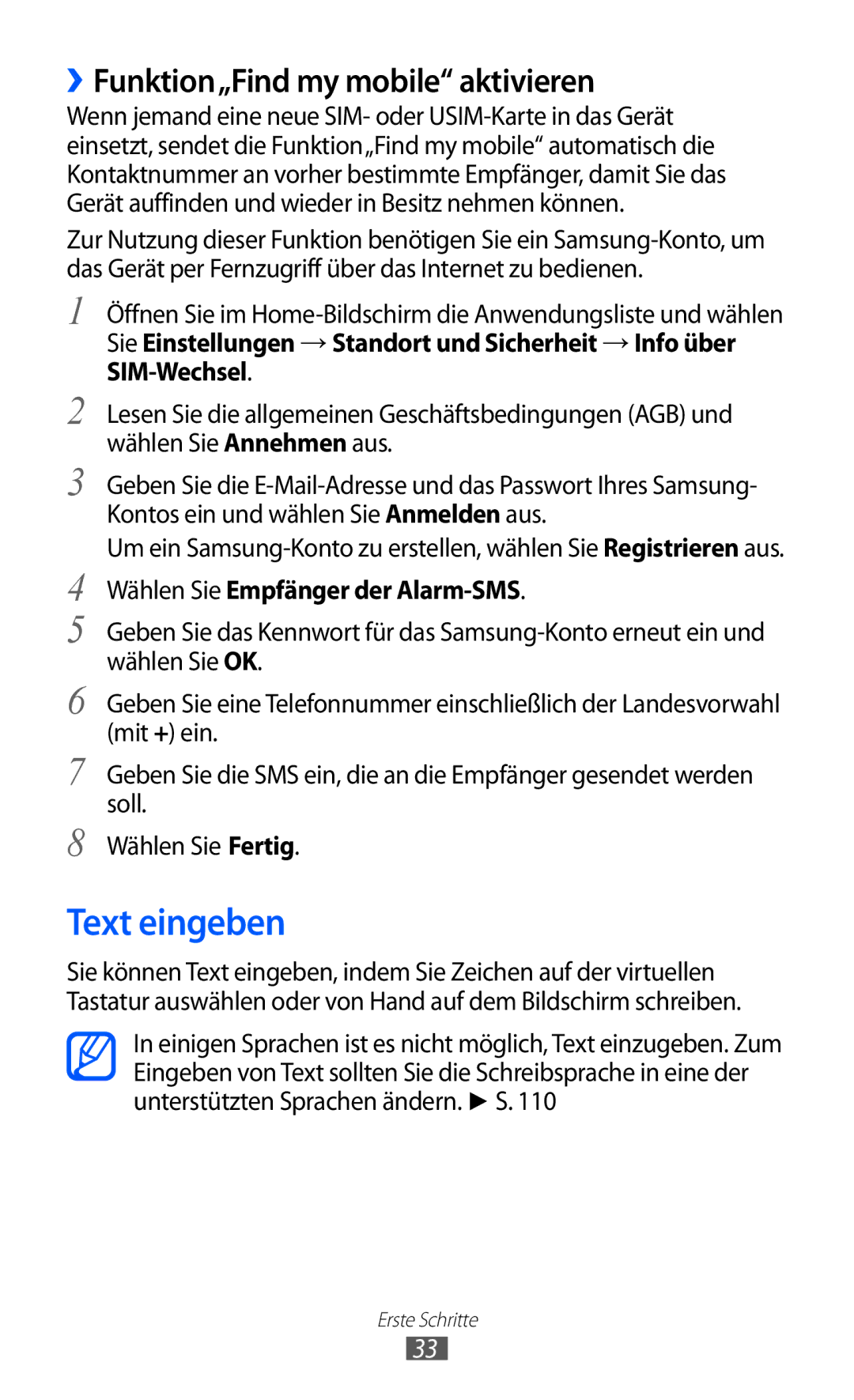 Samsung GT-S5360UWAOPT manual Text eingeben, ››Funktion„Find my mobile aktivieren, Wählen Sie Empfänger der Alarm-SMS 