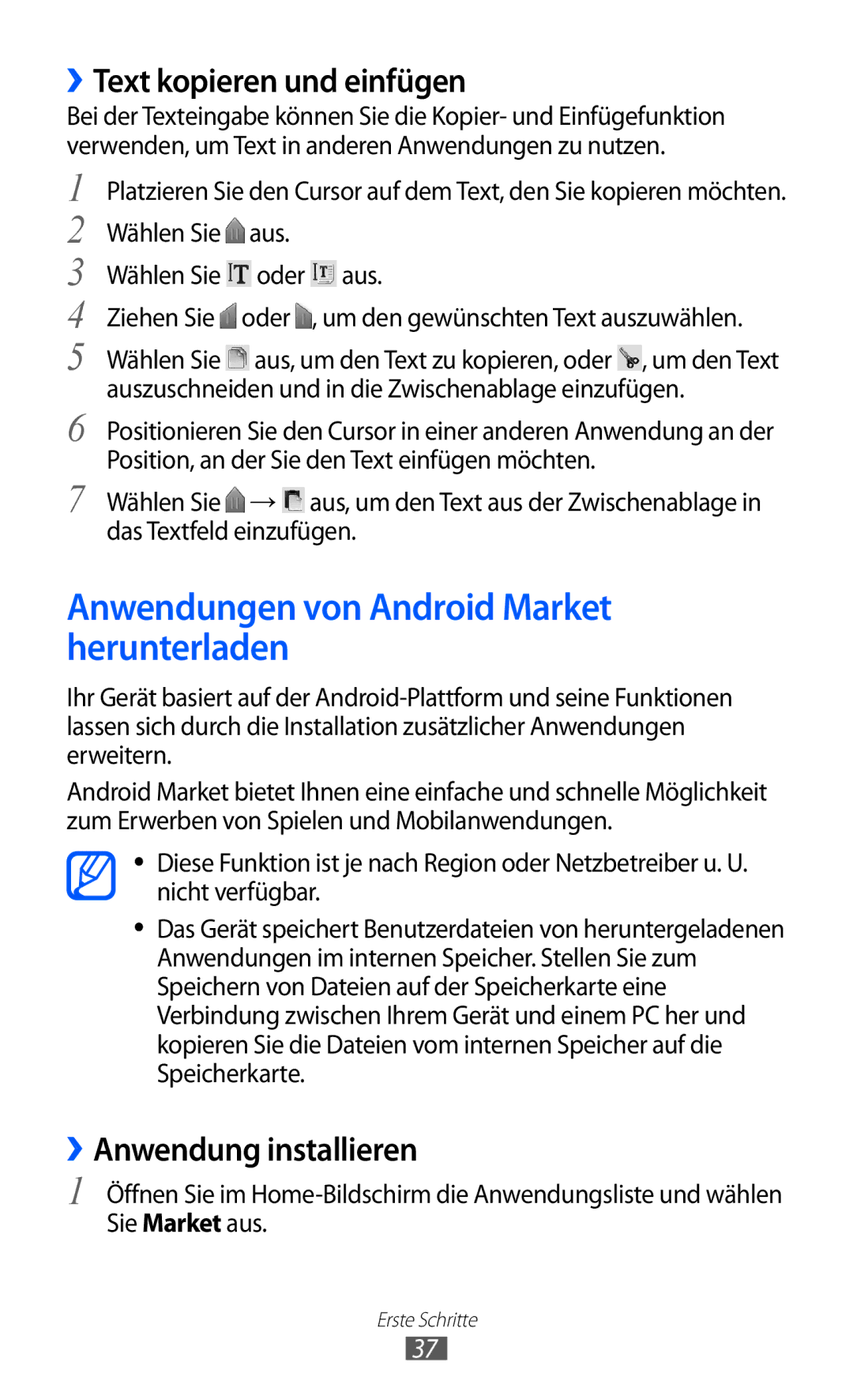 Samsung GT-S5360UWACOS, GT-S5360UWHDBT manual Anwendungen von Android Market herunterladen, ››Text kopieren und einfügen 