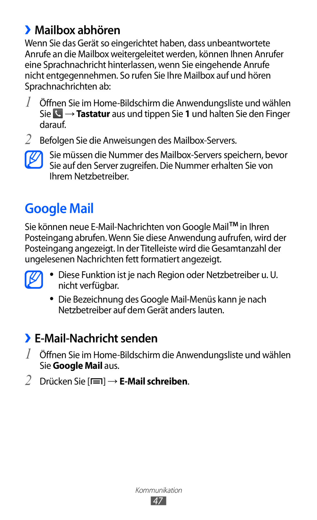 Samsung GT-S5360UWADBT, GT-S5360UWHDBT, GT-S5360UWAOPT manual Google Mail, ››Mailbox abhören, ››E-Mail-Nachricht senden 