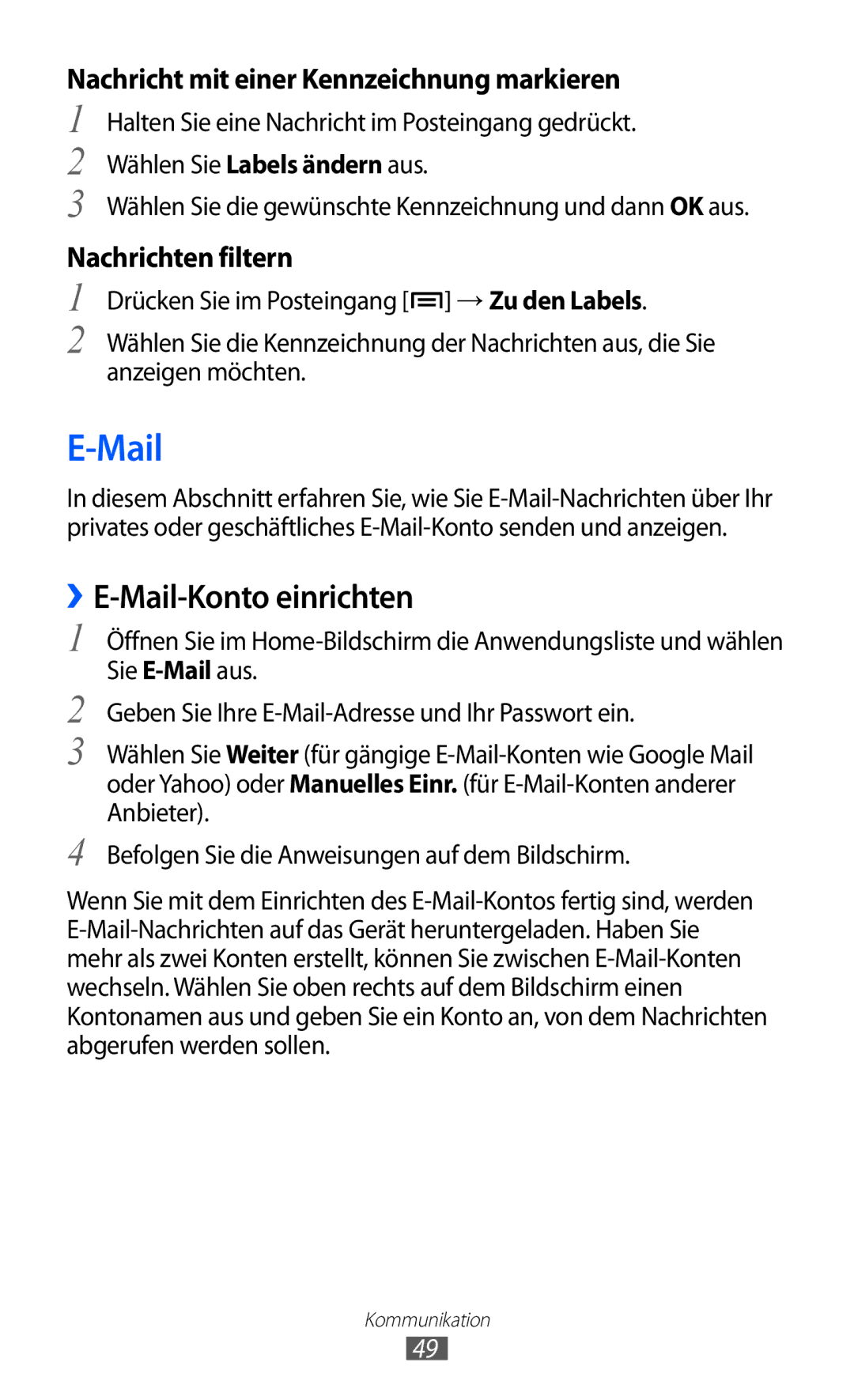 Samsung GT-S5360MAAVID, GT-S5360UWHDBT, GT-S5360UWAOPT, GT-S5360TAADTR, GT-S5360MAATUR manual ››E-Mail-Konto einrichten 