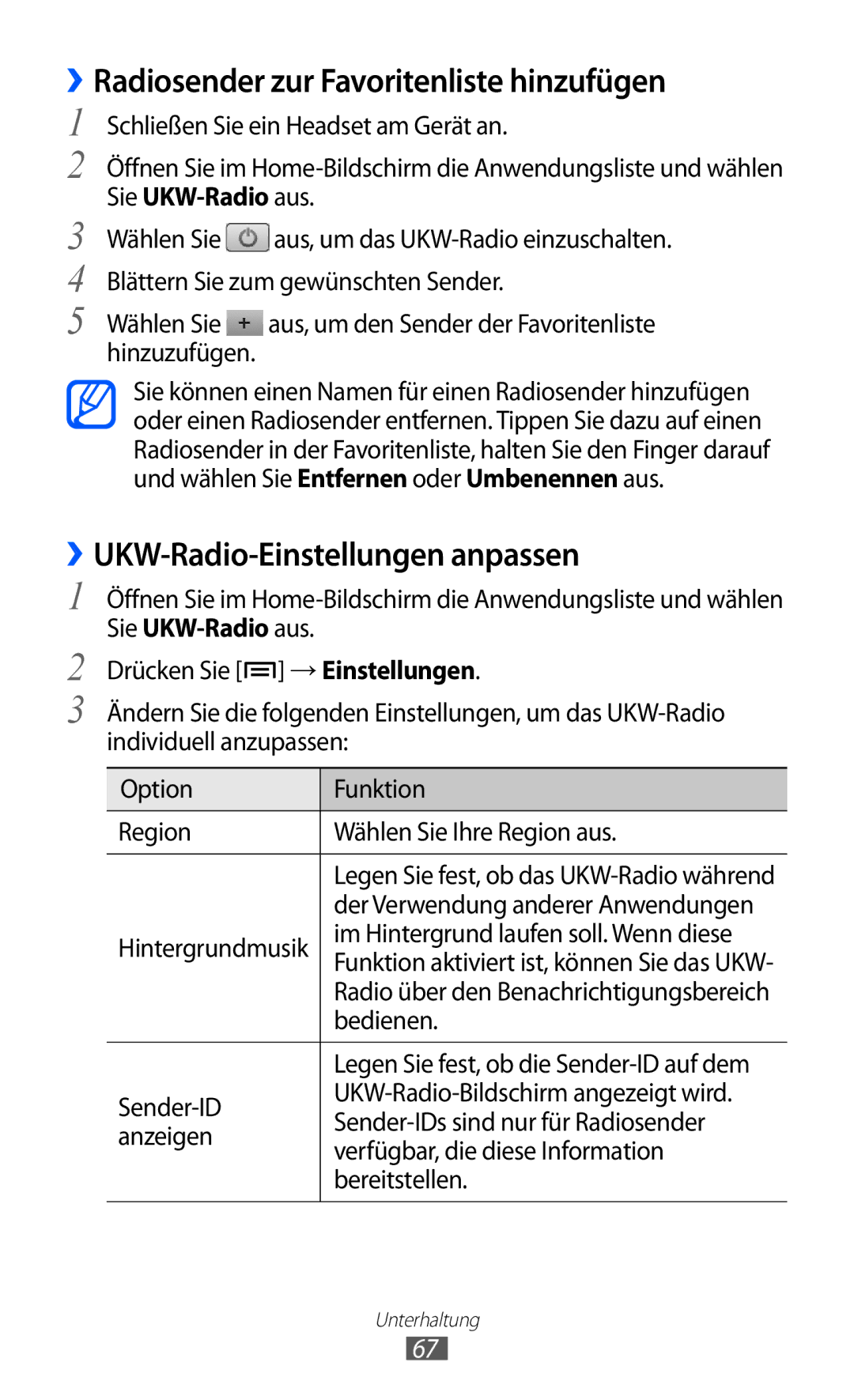 Samsung GT-S5360MAATUR ››Radiosender zur Favoritenliste hinzufügen, ››UKW-Radio-Einstellungen anpassen, Sie UKW-Radio aus 