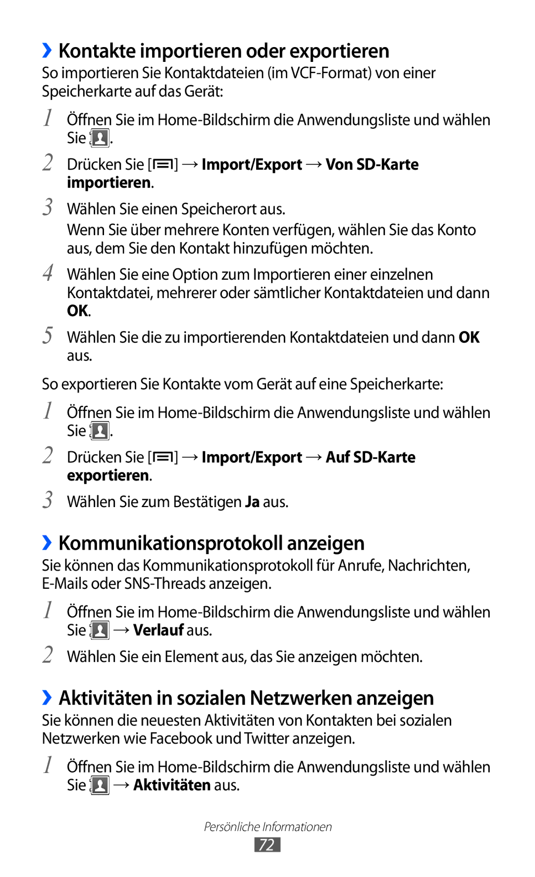 Samsung GT-S5360MAAEPL, GT-S5360UWHDBT manual ››Kontakte importieren oder exportieren, ››Kommunikationsprotokoll anzeigen 