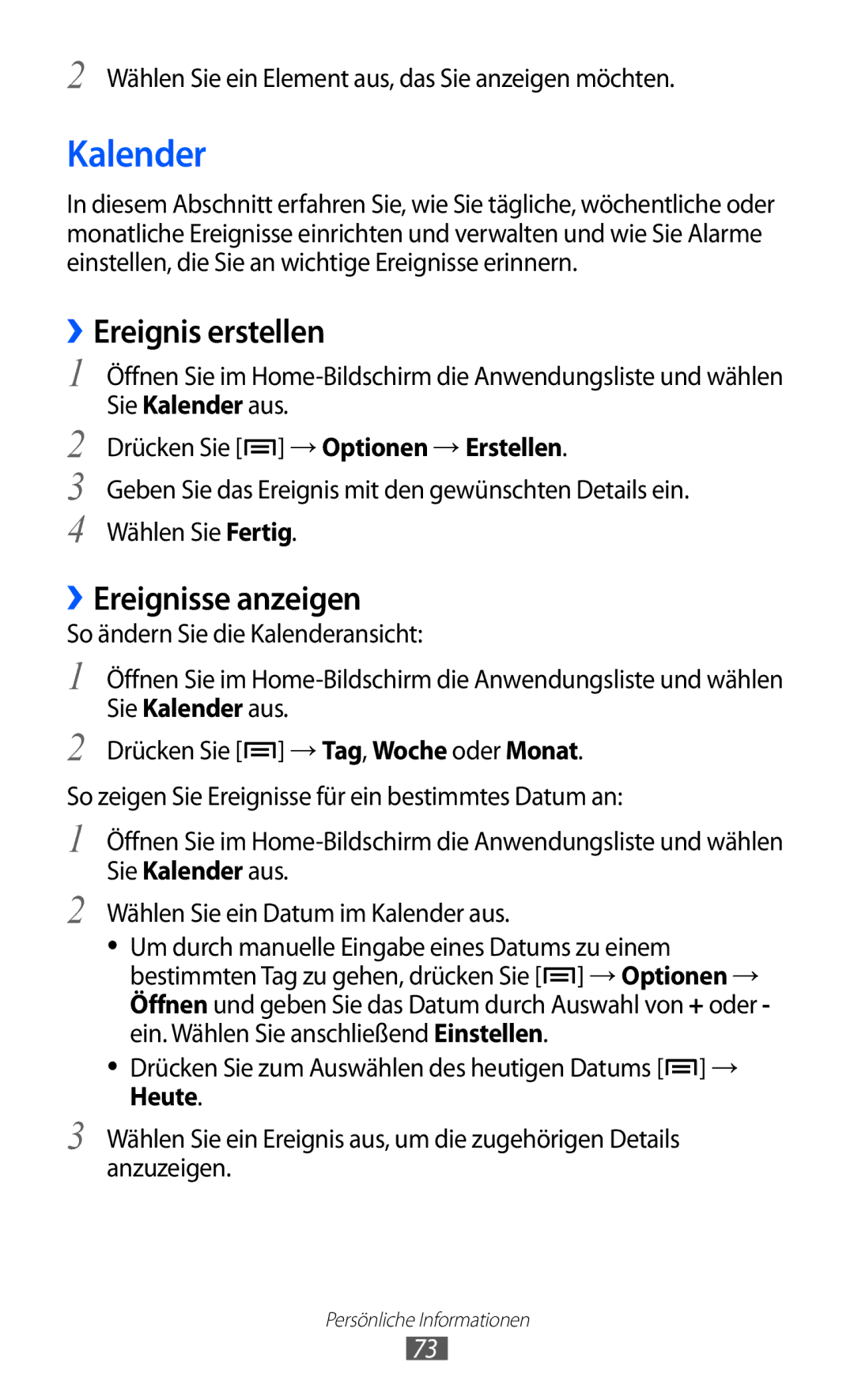 Samsung GT-S5360MAADTR, GT-S5360UWHDBT, GT-S5360UWAOPT, GT-S5360TAADTR Kalender, ››Ereignis erstellen, ››Ereignisse anzeigen 