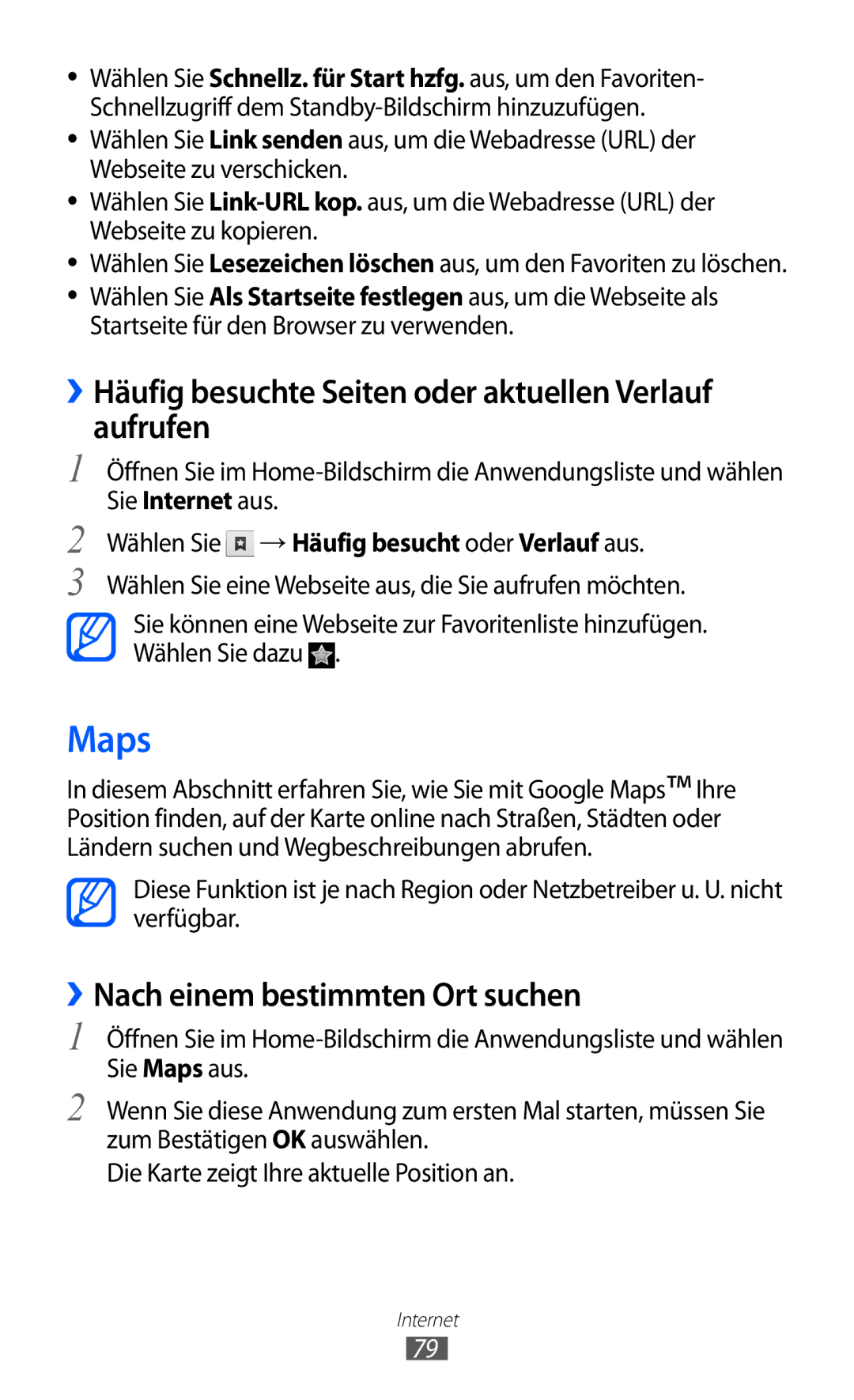 Samsung GT-S5360UWADBT Maps, ››Häufig besuchte Seiten oder aktuellen Verlauf aufrufen, ››Nach einem bestimmten Ort suchen 