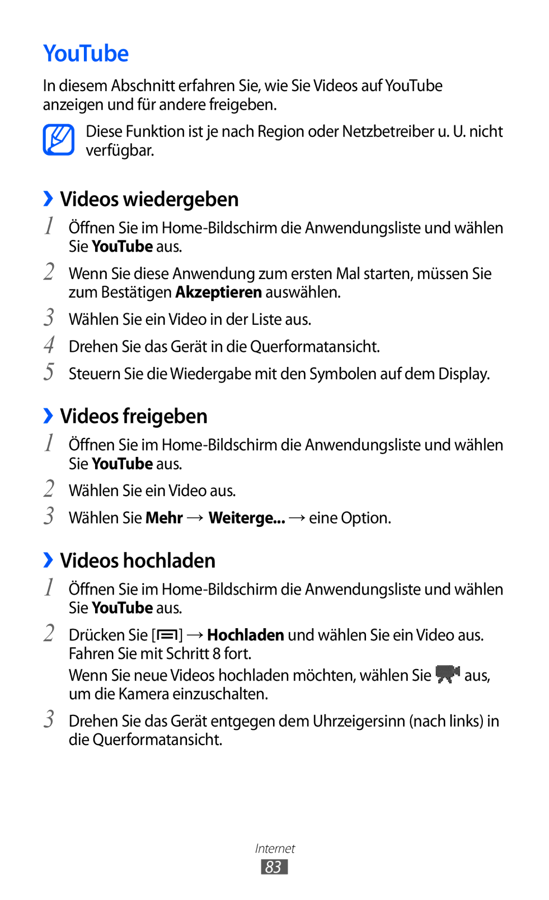 Samsung GT-S5360UWADTM, GT-S5360UWHDBT manual YouTube, ››Videos wiedergeben, ››Videos freigeben, ››Videos hochladen 