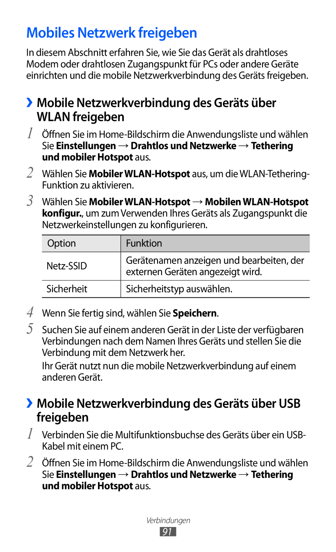 Samsung GT-S5360MASDBT manual Mobiles Netzwerk freigeben, ››Mobile Netzwerkverbindung des Geräts über Wlan freigeben 