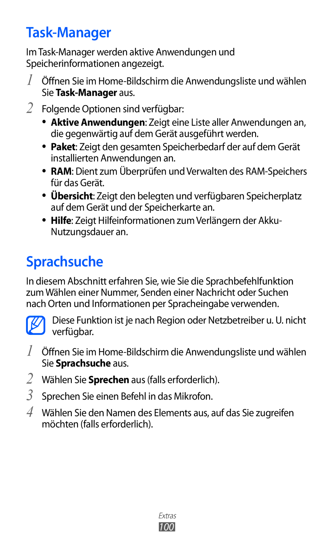 Samsung GT-S5360UWATUR, GT-S5360UWHDBT, GT-S5360UWAOPT, GT-S5360TAADTR, GT-S5360MAATUR manual Task-Manager, Sprachsuche, 100 