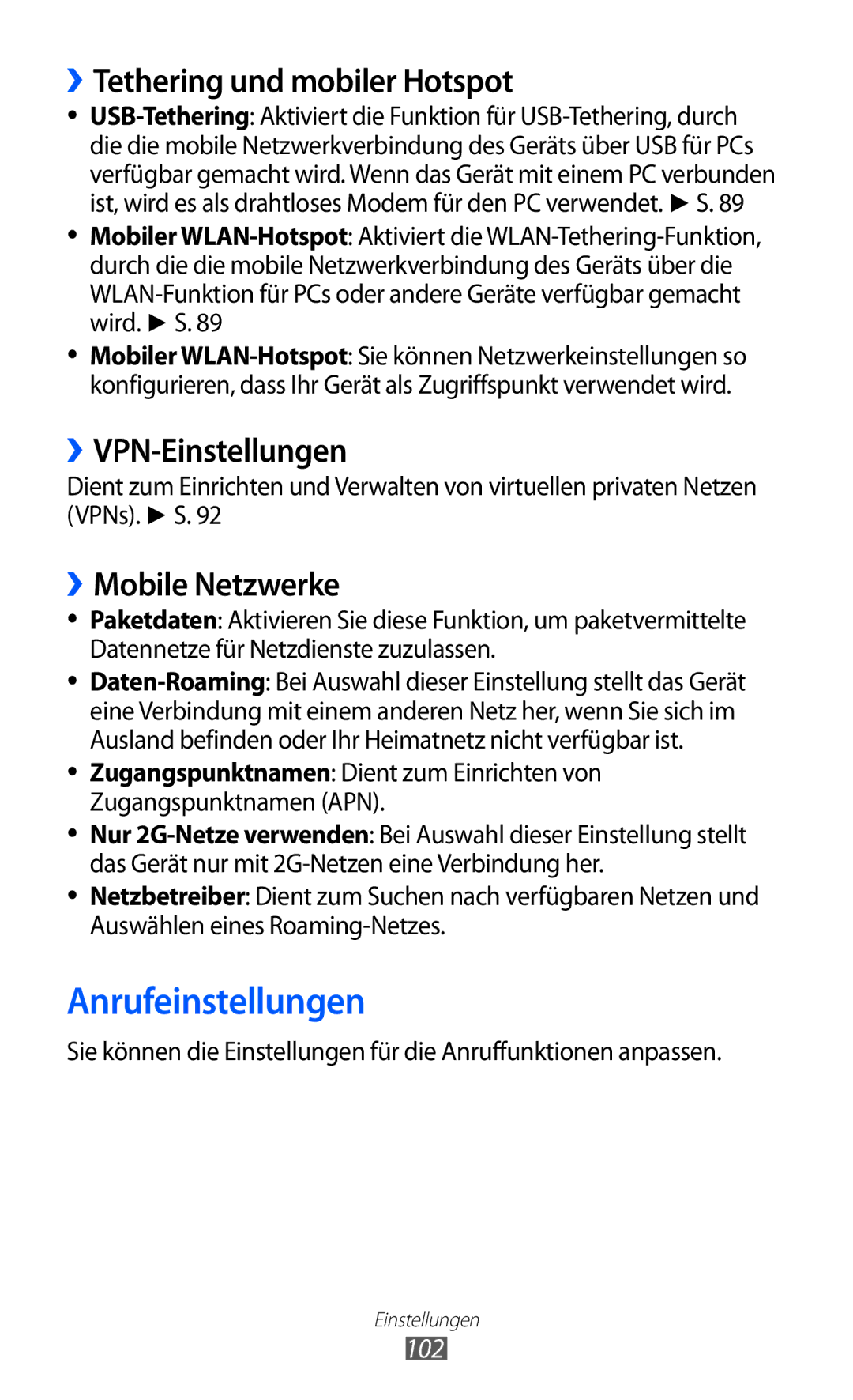 Samsung GT-S5360MAAVDR Anrufeinstellungen, ››Tethering und mobiler Hotspot, ››VPN-Einstellungen, ››Mobile Netzwerke, 102 