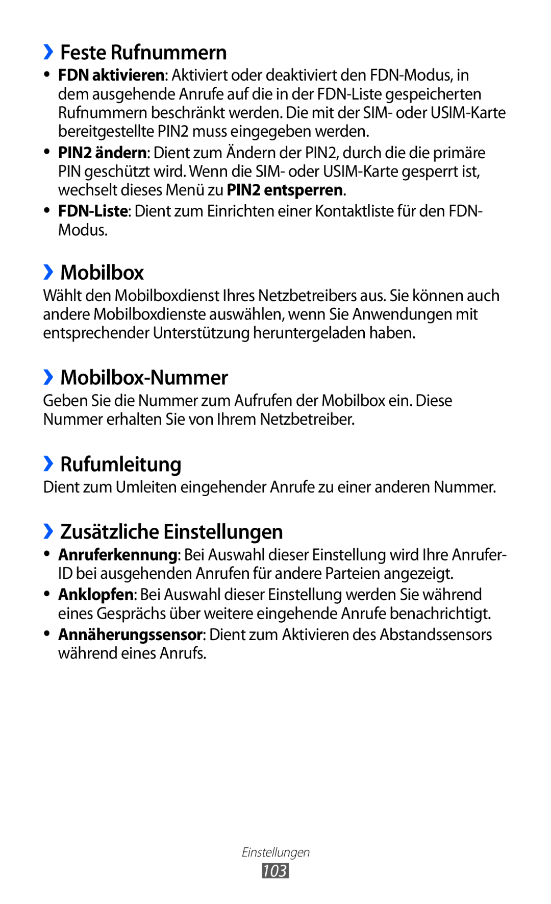 Samsung GT-S5360MAAEUR manual ››Feste Rufnummern, ››Mobilbox-Nummer, ››Rufumleitung, ››Zusätzliche Einstellungen 