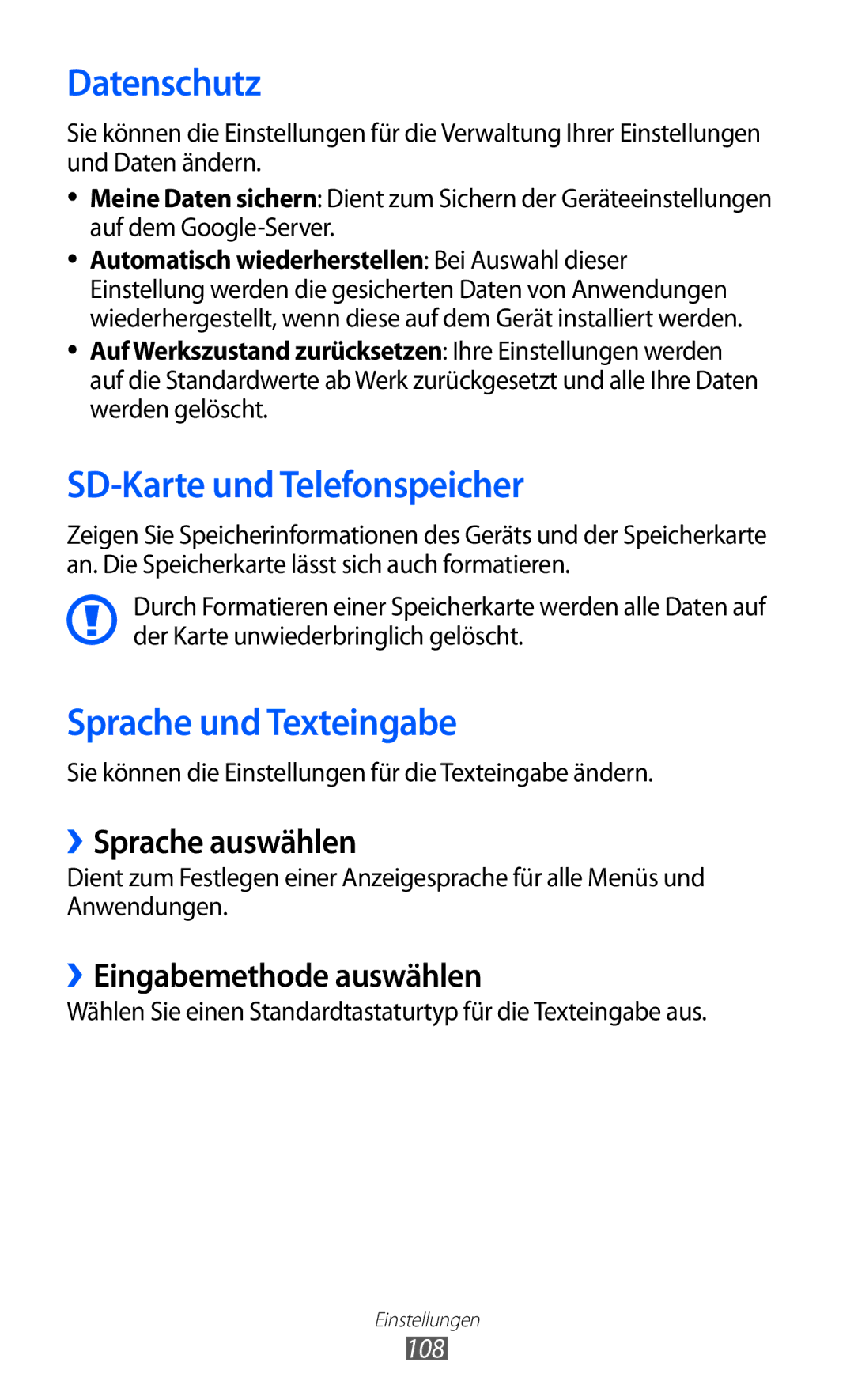 Samsung GT-S5360MAADBT manual Datenschutz, SD-Karte und Telefonspeicher, Sprache und Texteingabe, ››Sprache auswählen 