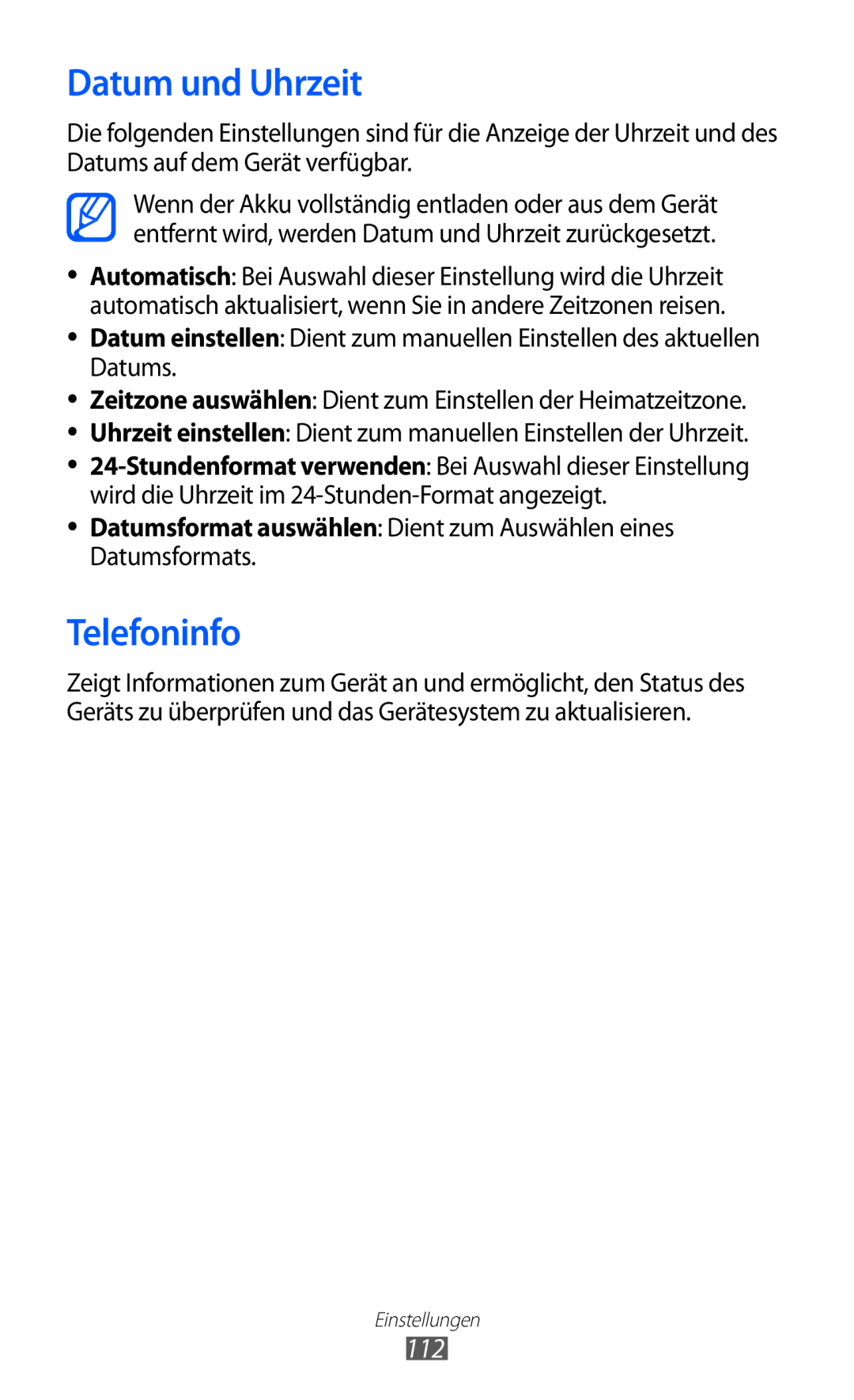 Samsung GT-S5360OIAMBC, GT-S5360UWHDBT, GT-S5360UWAOPT, GT-S5360TAADTR, GT-S5360MAATUR Datum und Uhrzeit, Telefoninfo, 112 