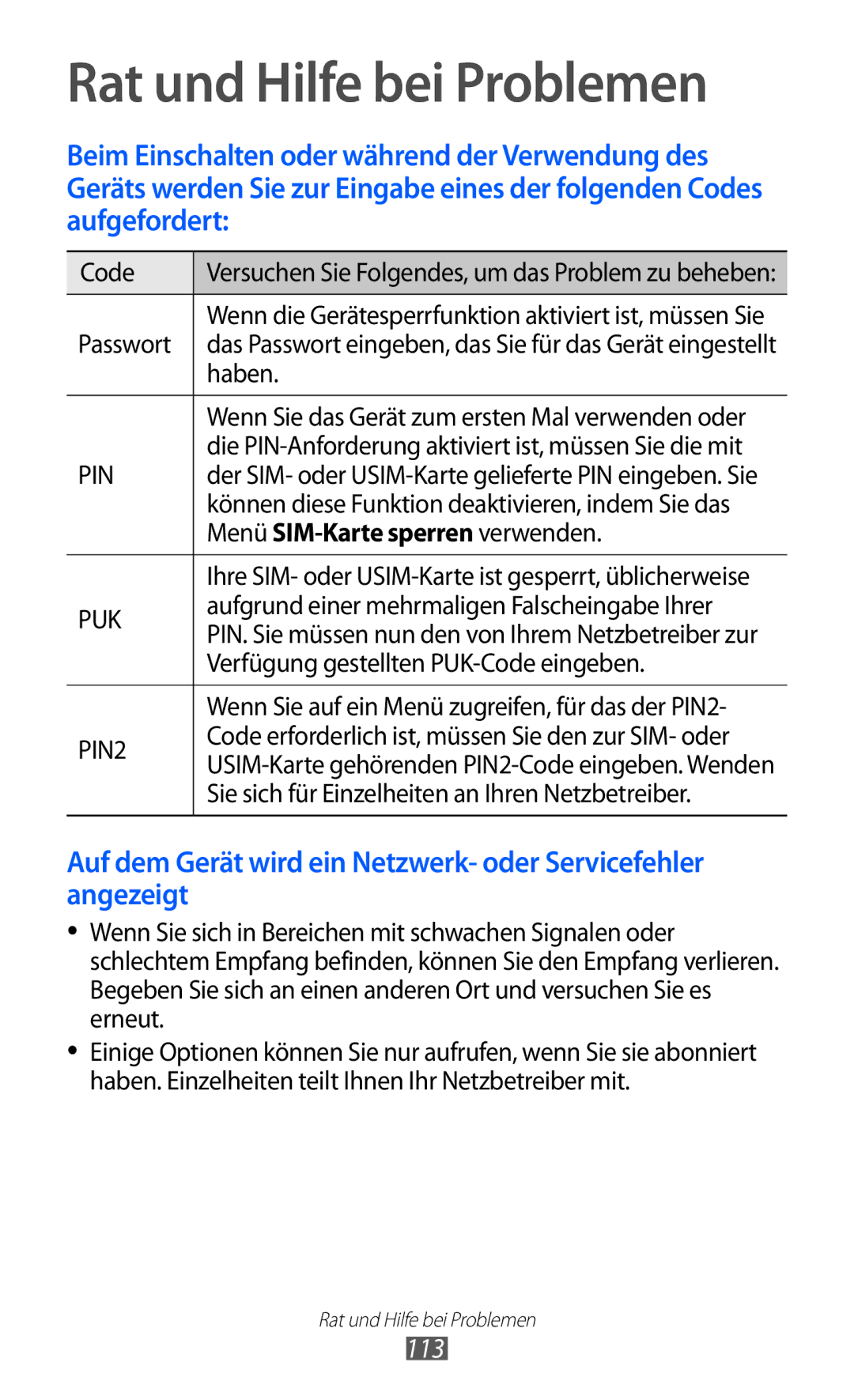 Samsung GT-S5360MAAVID, GT-S5360UWHDBT, GT-S5360UWAOPT Rat und Hilfe bei Problemen, 113, Menü SIM-Karte sperren verwenden 