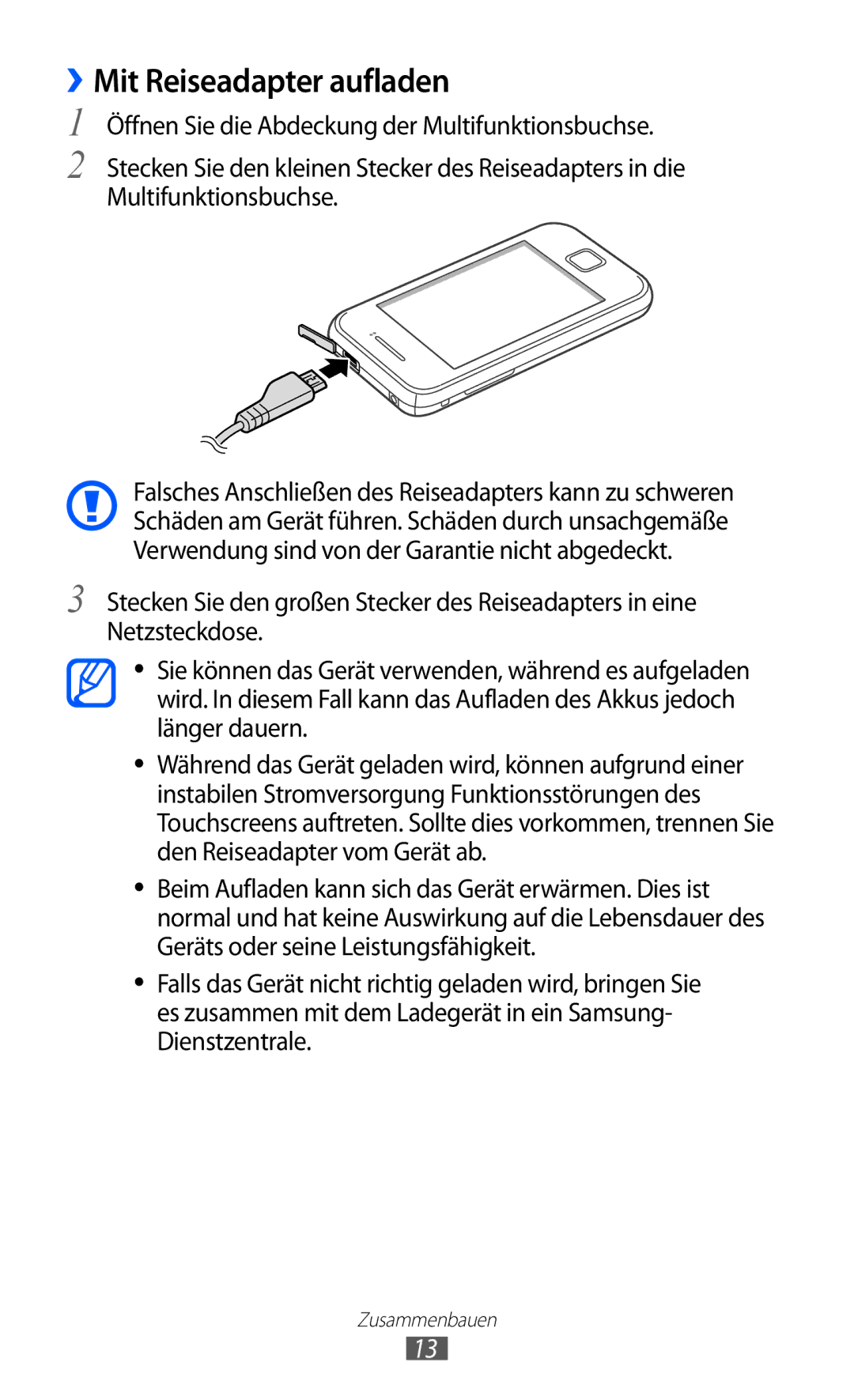 Samsung GT-S5360MAACOS, GT-S5360UWHDBT, GT-S5360UWAOPT, GT-S5360TAADTR, GT-S5360MAATUR manual ››Mit Reiseadapter aufladen 