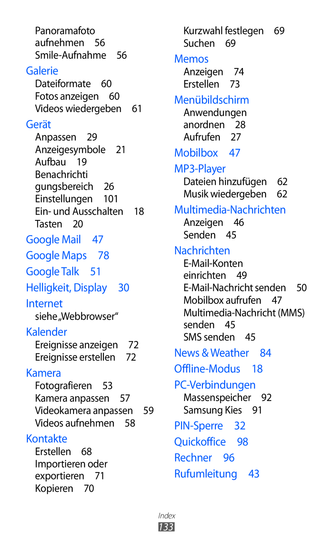 Samsung GT-S5360UWACOS, GT-S5360UWHDBT, GT-S5360UWAOPT, GT-S5360TAADTR, GT-S5360MAATUR, GT-S5360UWATUR manual Gerät, 133 