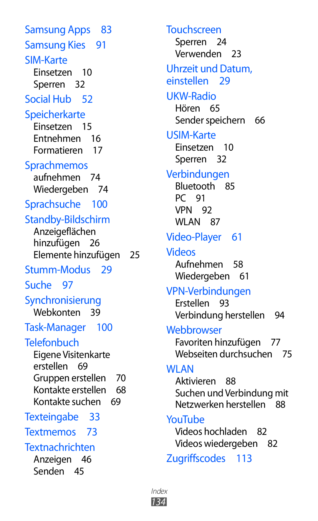 Samsung GT-S5360MAAVDR, GT-S5360UWHDBT, GT-S5360UWAOPT, GT-S5360TAADTR, GT-S5360MAATUR manual Task-Manager 100 Telefonbuch, 134 