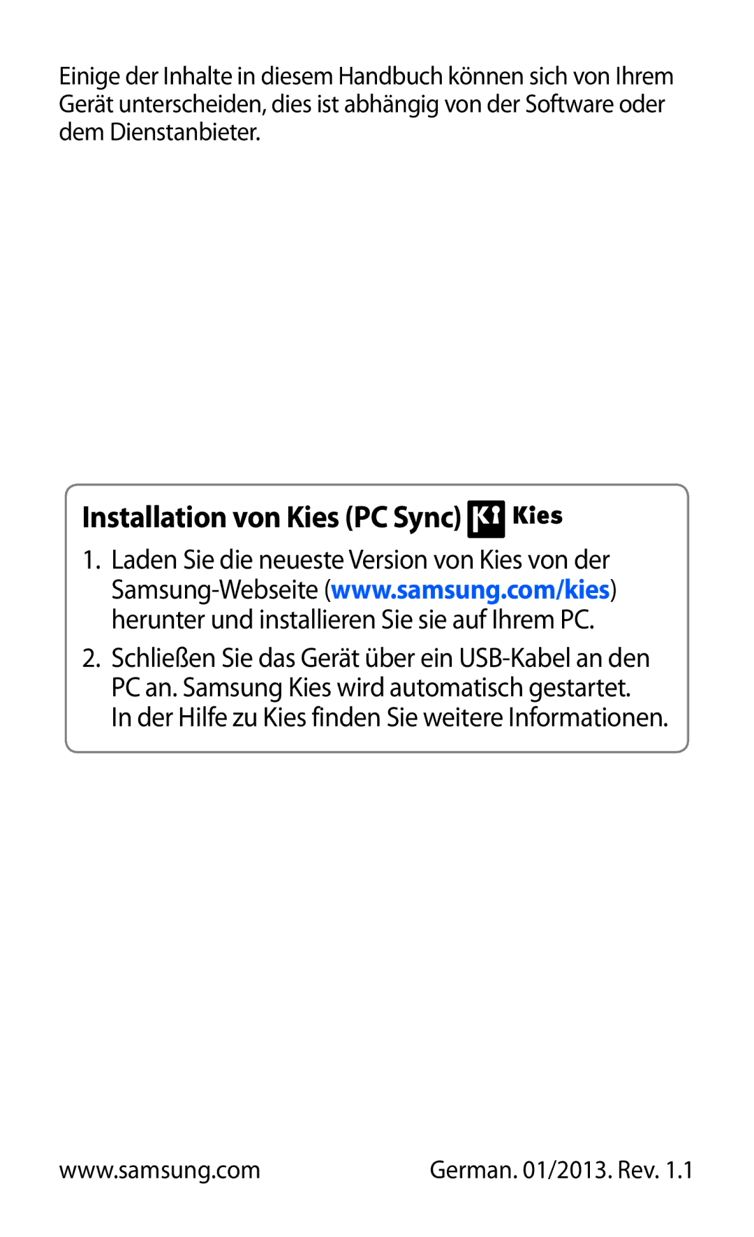 Samsung GT-S5360MAAEUR, GT-S5360UWHDBT, GT-S5360UWAOPT, GT-S5360TAADTR, GT-S5360MAATUR manual Installation von Kies PC Sync 