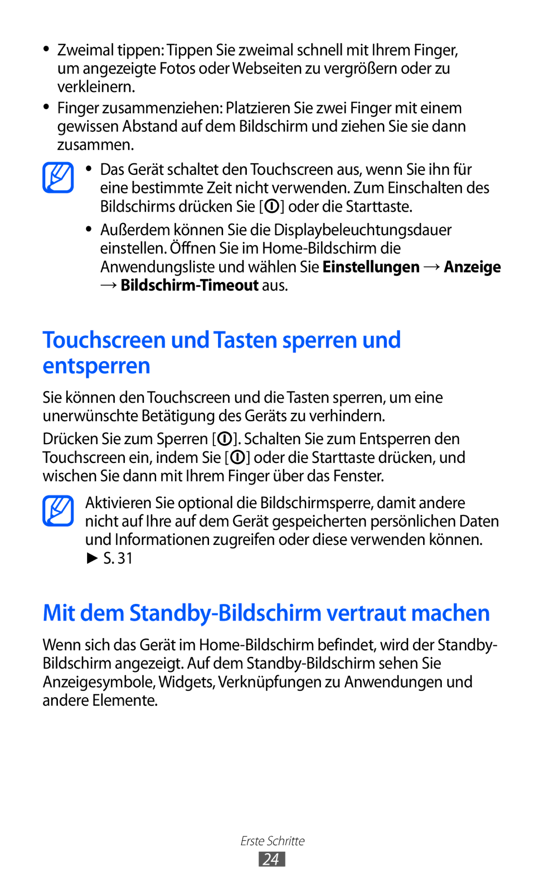 Samsung GT-S5360MAAOPT, GT-S5360UWHDBT manual Touchscreen und Tasten sperren und entsperren, → Bildschirm-Timeout aus 