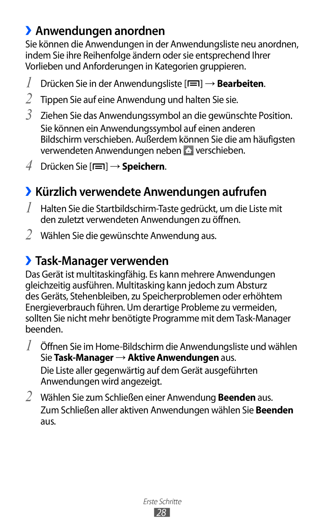 Samsung GT-S5360UWADTR manual ››Anwendungen anordnen, ››Kürzlich verwendete Anwendungen aufrufen, ››Task-Manager verwenden 